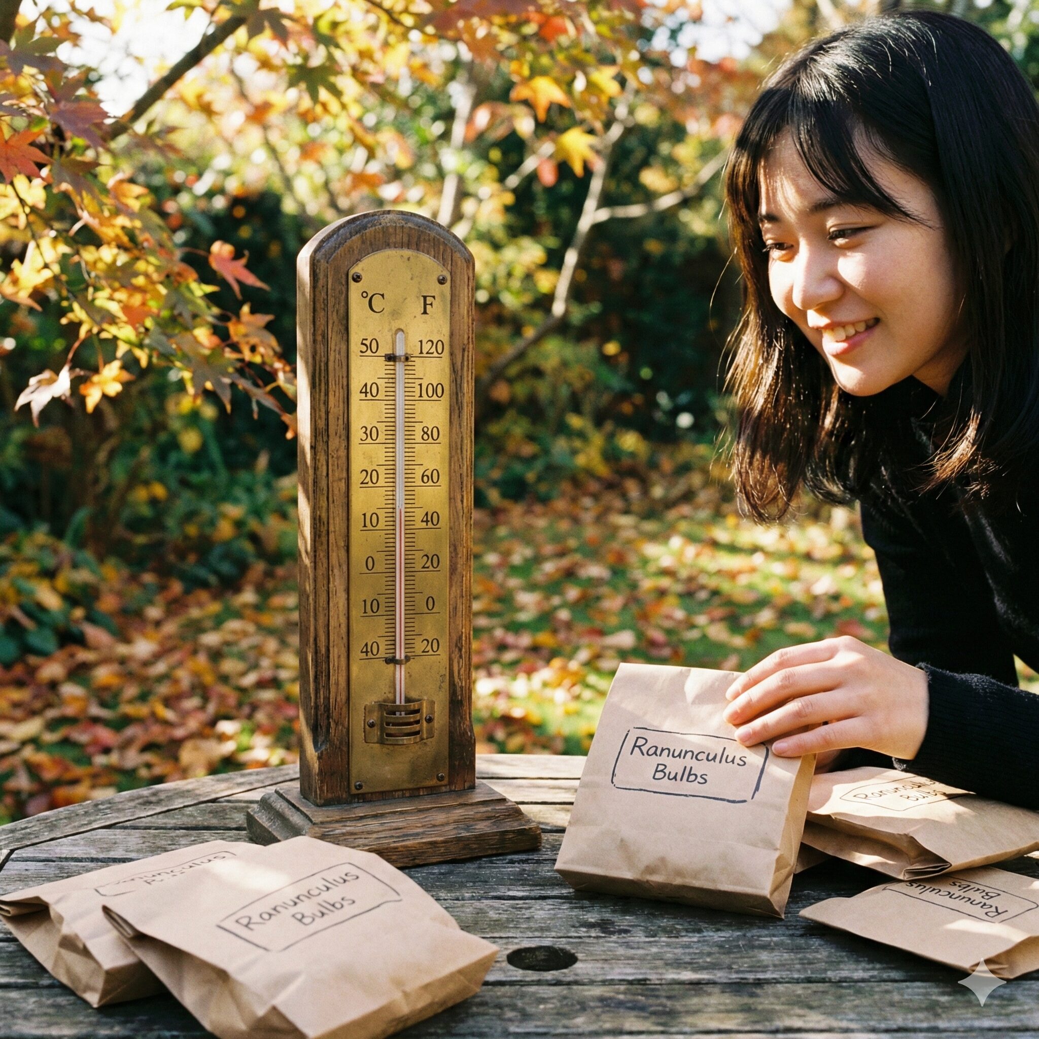 ラナンキュラス 植える 時期2　ラナンキュラスの植え付け適期を示す、最高気温20度以下を指した温度計と球根。