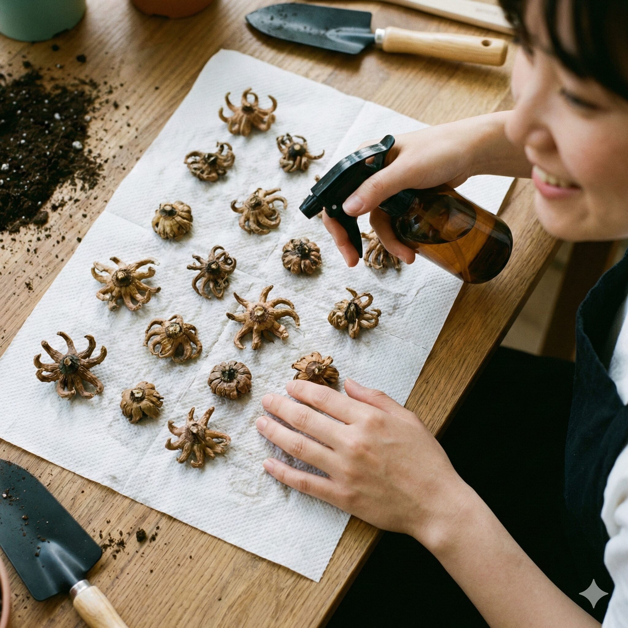 ラナンキュラス 植える 時期3　ラナンキュラスの急激な吸水を防ぐため、湿ったキッチンペーパーに並べられた乾燥球根。