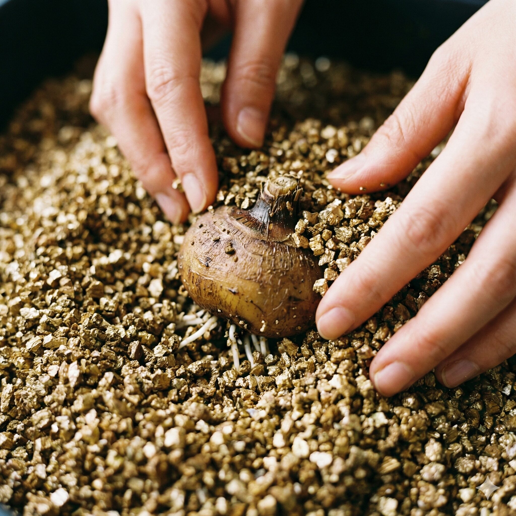 ラナンキュラス 植える 時期5　バーミキュライトを使用して芽出しを行い、白い根が出始めたラナンキュラスの球根。