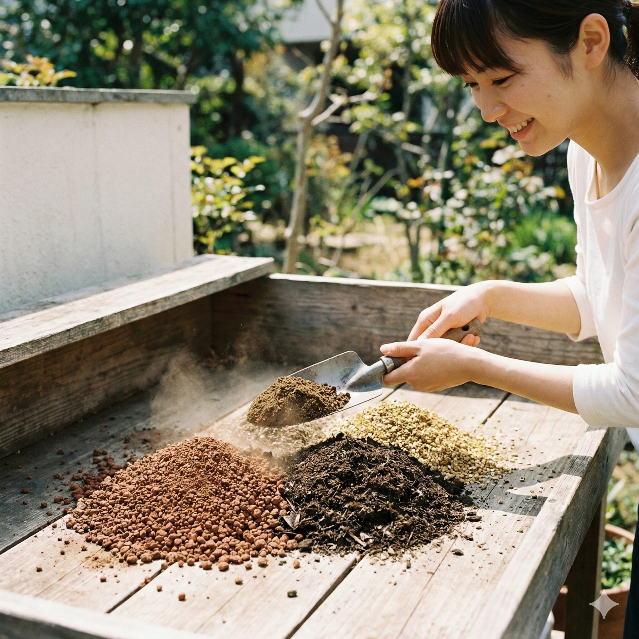 ラナンキュラス 植える 時期6　赤玉土・腐葉土・バーミキュライトを混ぜて作るラナンキュラス専用の配合土。