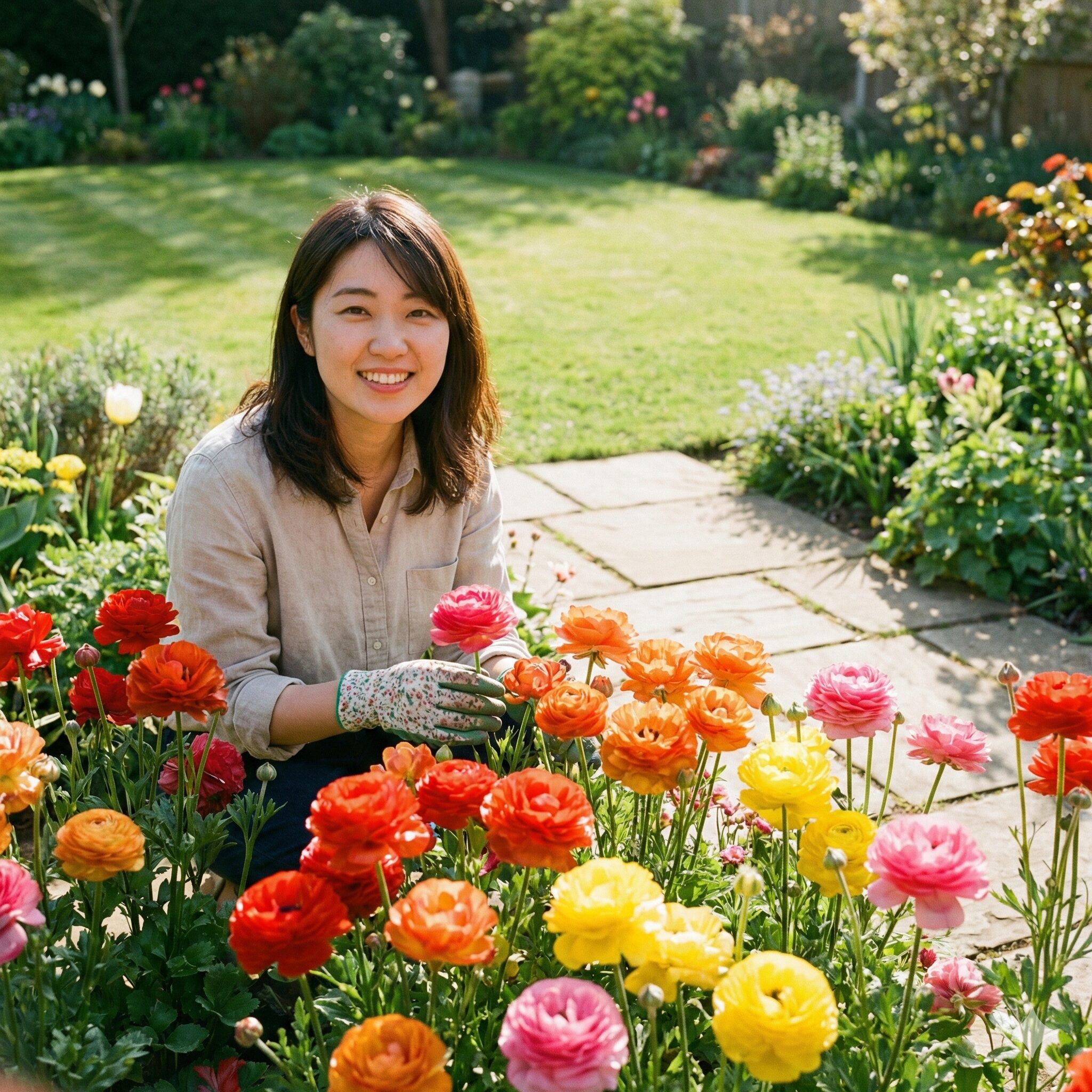 ラナンキュラスラックス 球根 植え方1　春の庭で美しく咲き誇るラナンキュラスラックスの花々。光沢のある花びらが特徴。