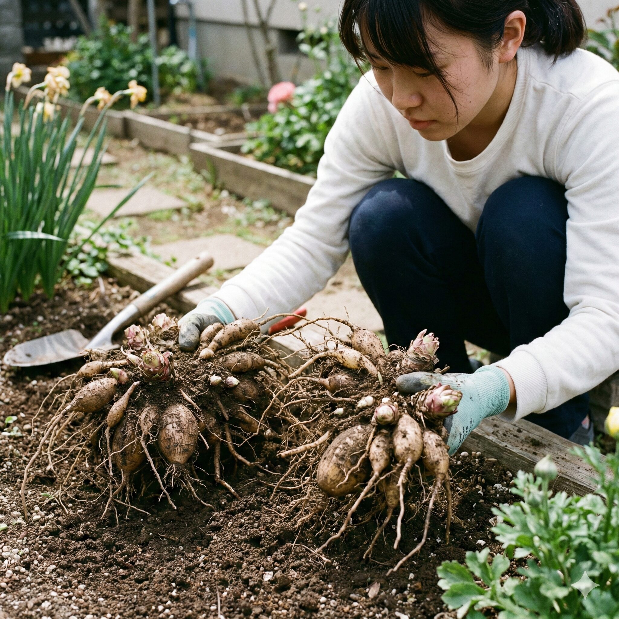 ラナンキュラスラックス 球根 植え方10　掘り上げたラナンキュラスラックスの巨大な球根を手作業で慎重に株分けしている様子。