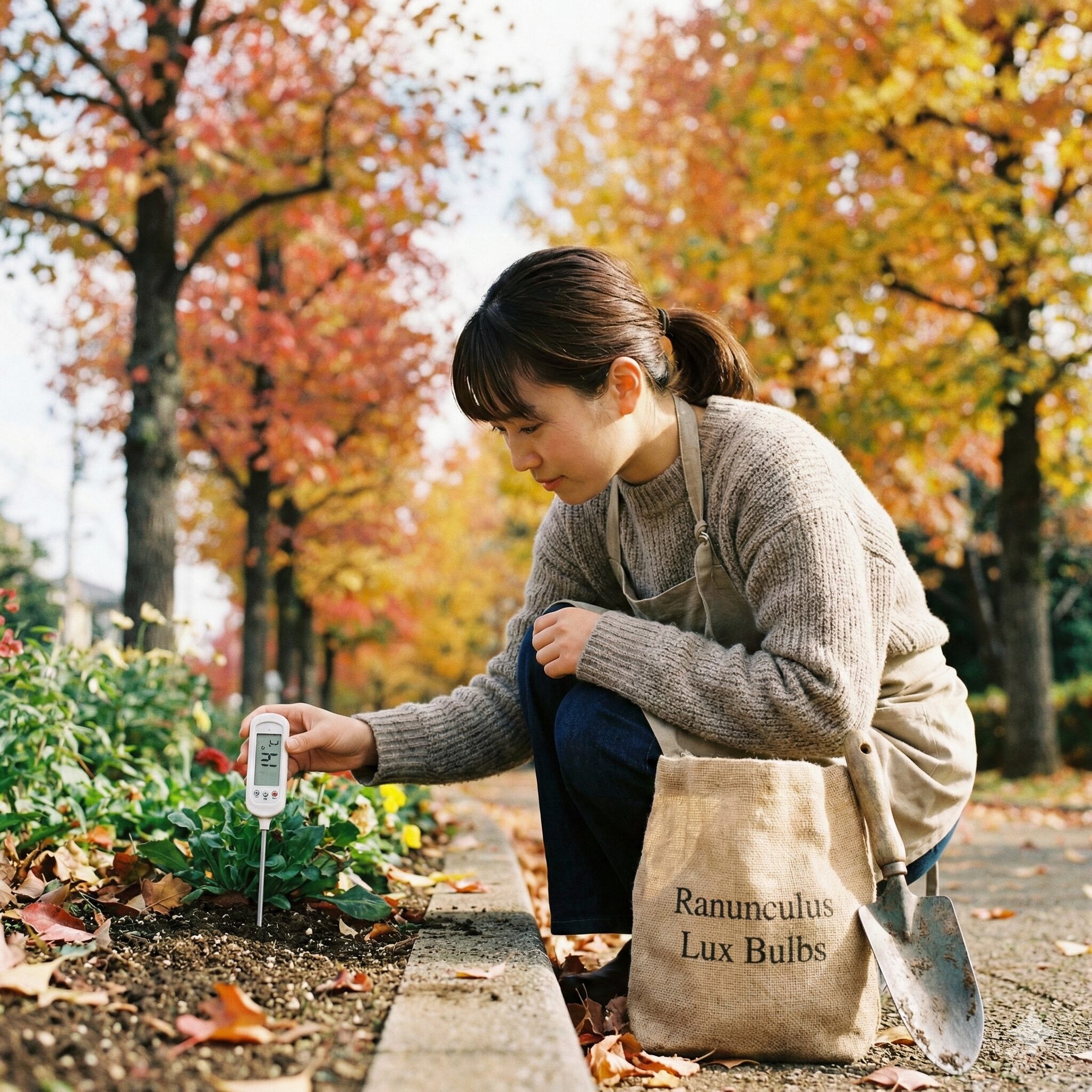 ラナンキュラスラックス 球根 植え方2　秋の庭で地温計を使い、ラナンキュラスラックス球根の植え付け適期を確認している様子。