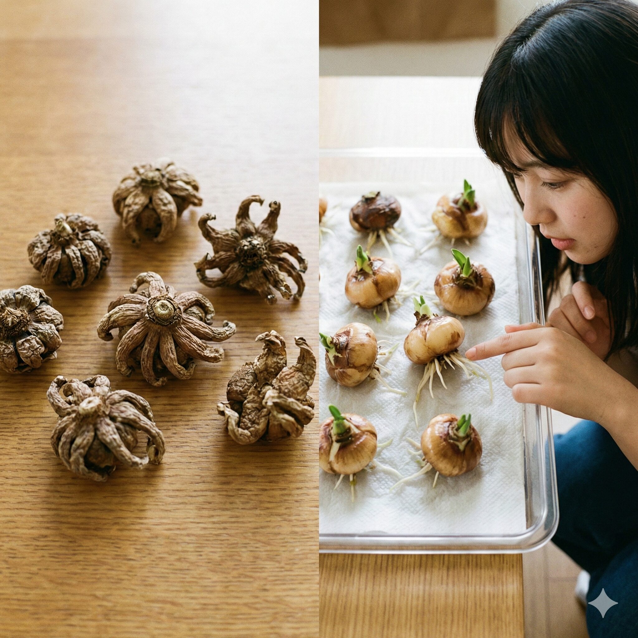 ラナンキュラスラックス 球根 植え方3　ラナンキュラスラックスの乾燥球根と、冷蔵庫で吸水処理を行い発芽し始めた球根の比較。