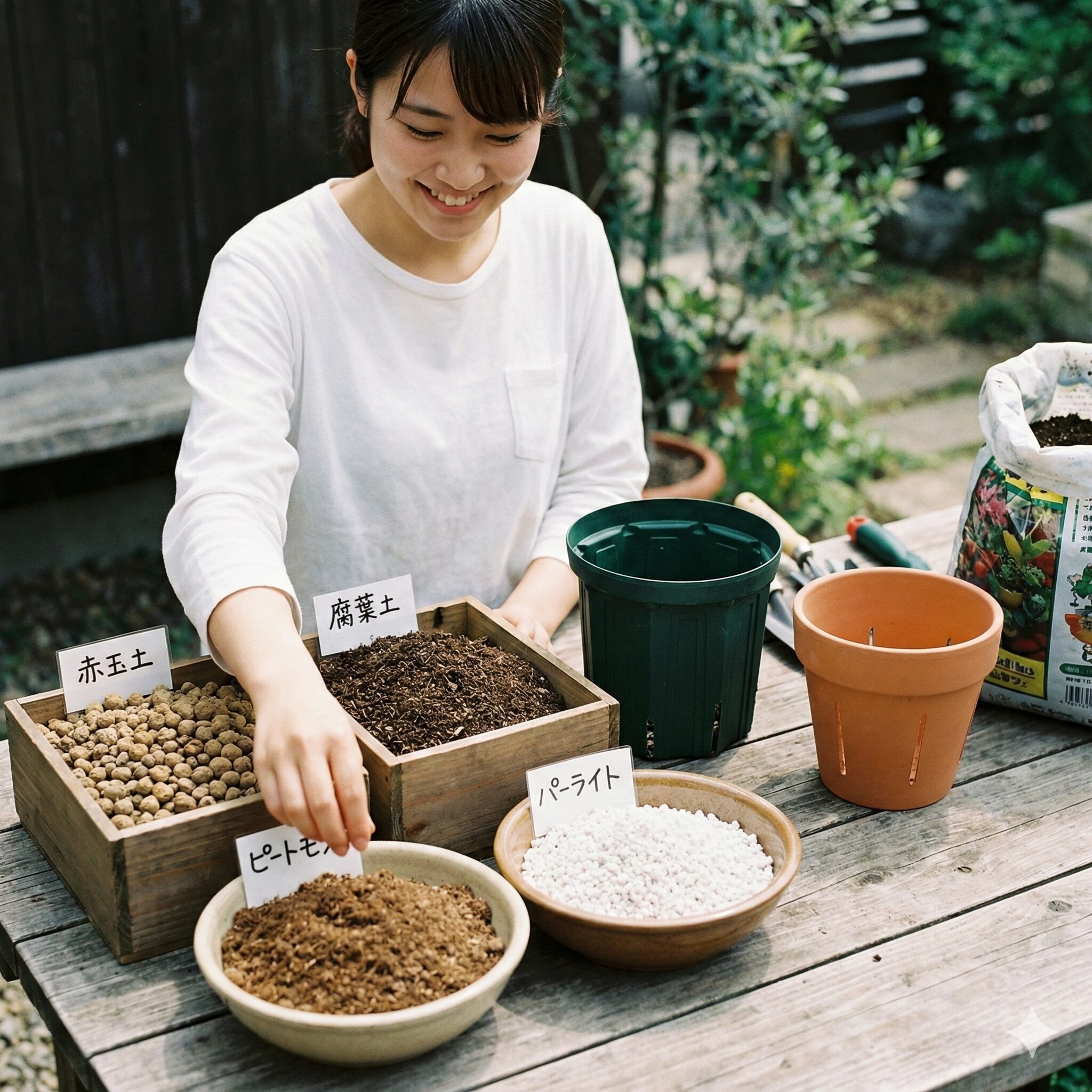 ラナンキュラスラックス 球根 植え方4　ラナンキュラスラックスの鉢植え用土の配合材料（赤玉土、腐葉土など）と、適したスリット鉢。