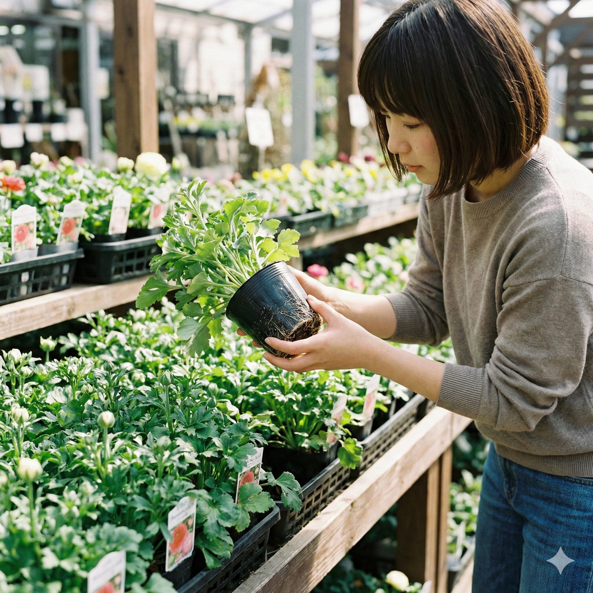 ラナンキュラスラックス 球根 植え方6　園芸店で販売されている、葉が元気に茂ったラナンキュラスラックスのポット苗。
