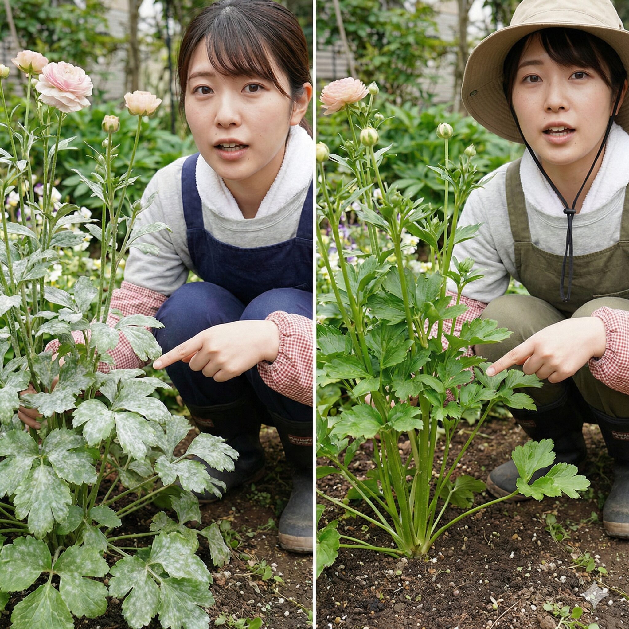 ラナンキュラスラックス 球根 植え方8　ラナンキュラスラックスの葉に発生したうどんこ病の症状と、予防のために下葉を整理した健康な株。