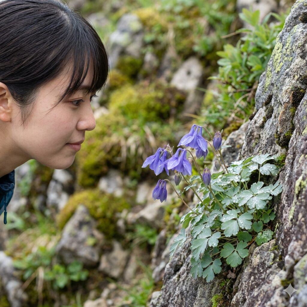 姫 オダマキ 育て 方1　春の高山植物園で岩場に可憐に咲く青紫色の姫オダマキの花とシルバーリーフ