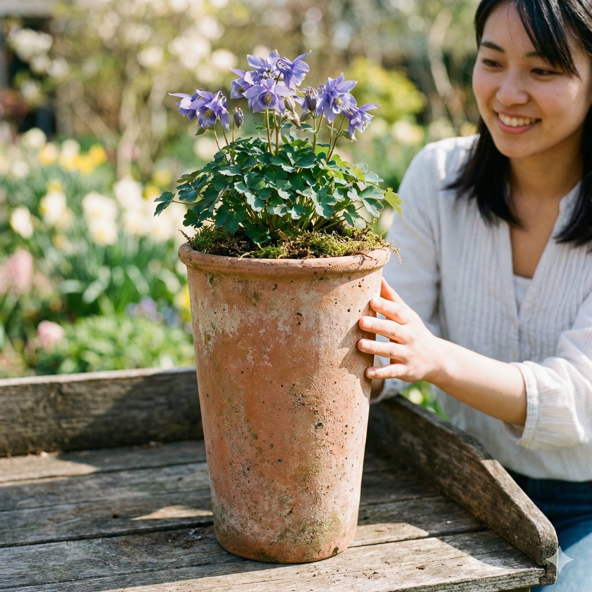 姫 オダマキ 育て 方3　直根性の姫オダマキの栽培に適した、通気性の良い素焼きの深鉢（ロングポット）