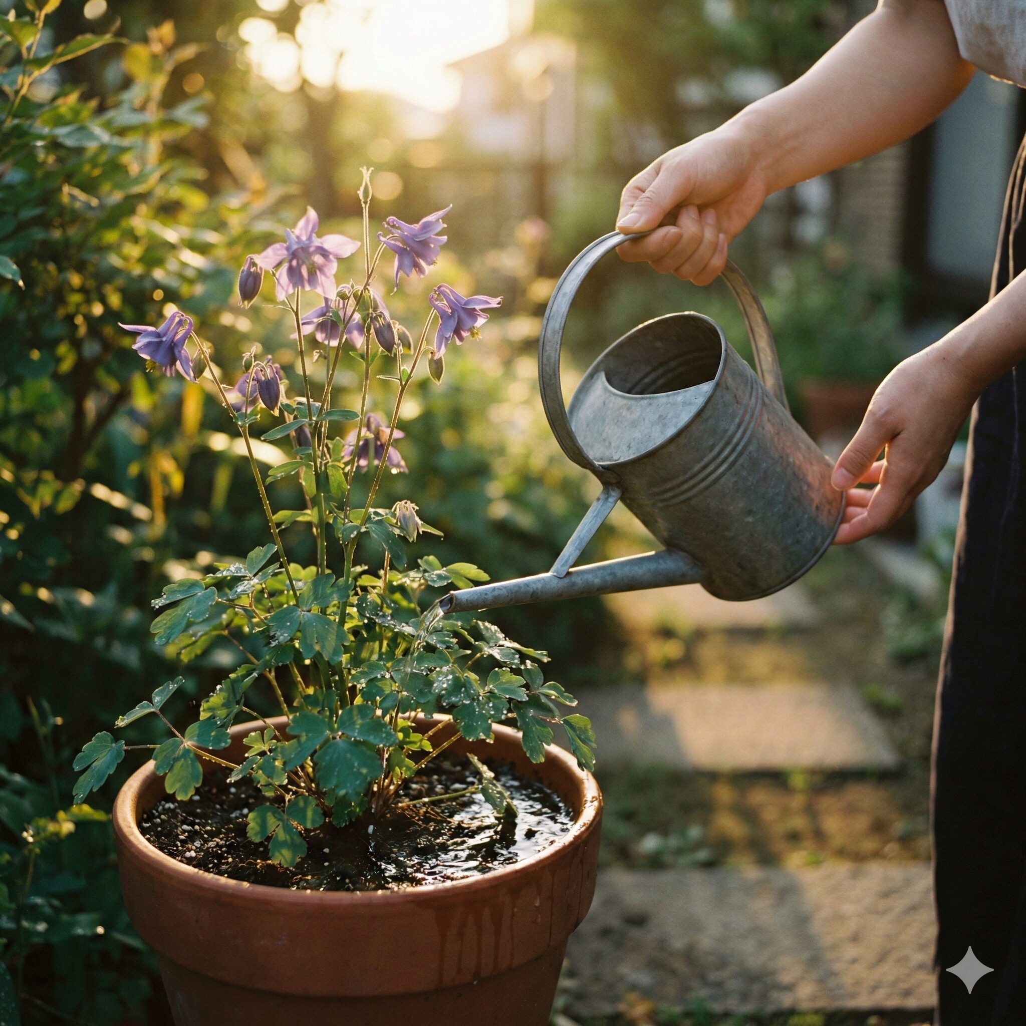 姫 オダマキ 育て 方5　夏の夕方、気温が下がってから姫オダマキの鉢に優しく水やりをする様子