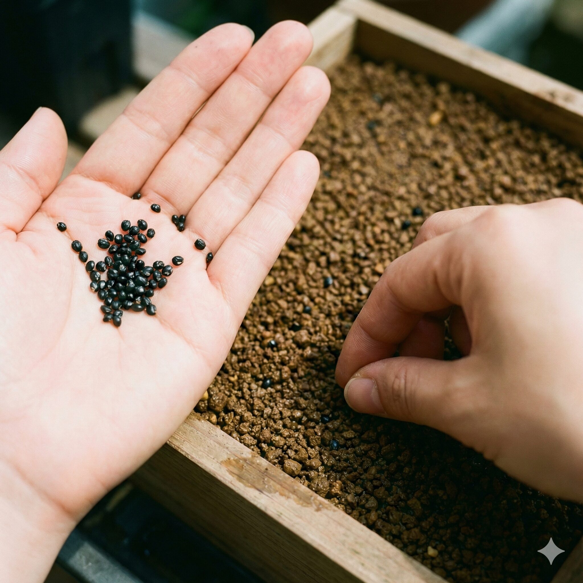 姫 オダマキ 育て 方7　採取したばかりの黒く光る姫オダマキの種子と、土を被せずに播種した種まきの様子