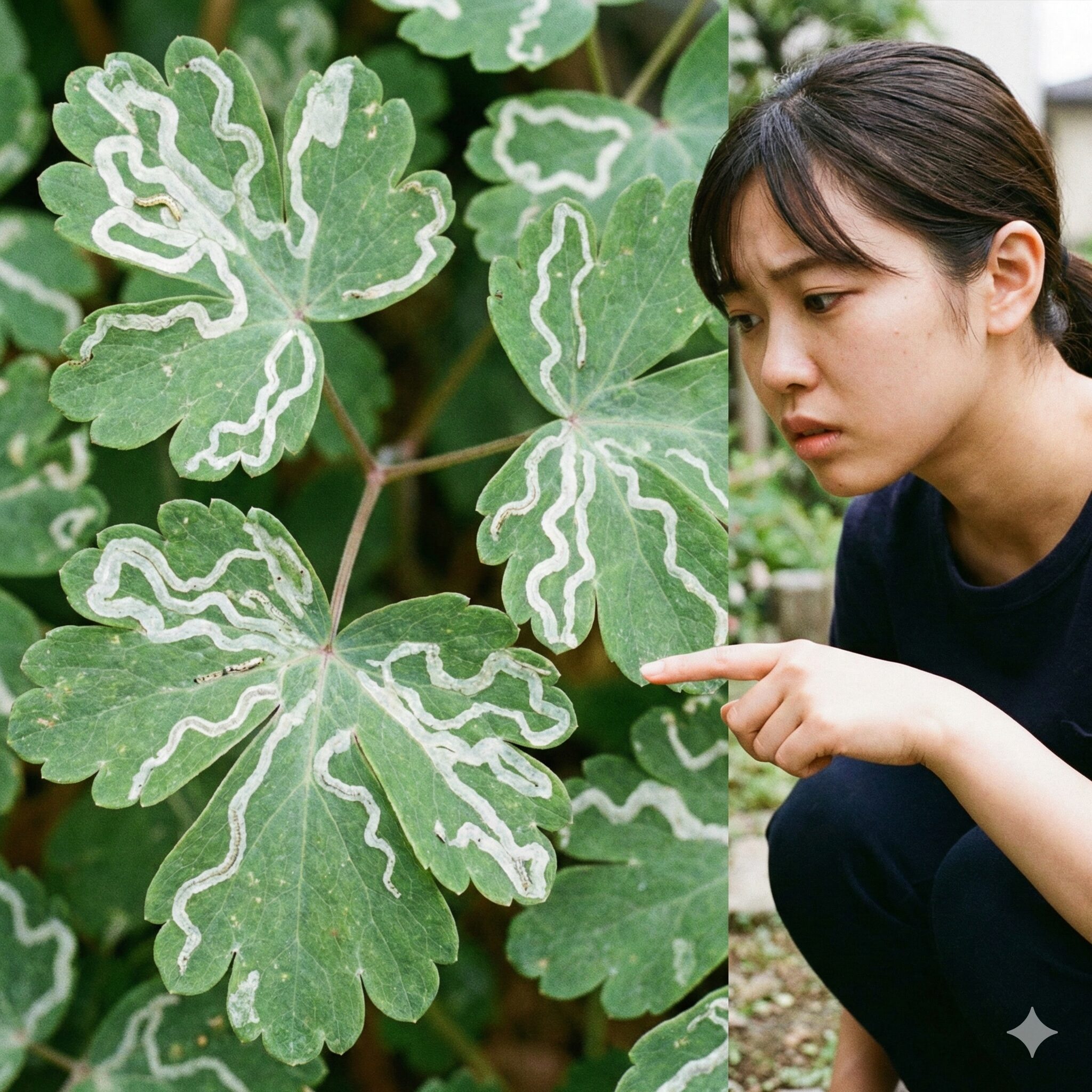 姫 オダマキ 育て 方9　姫オダマキの葉に見られるハモグリバエ（エカキムシ）による白い食害痕
