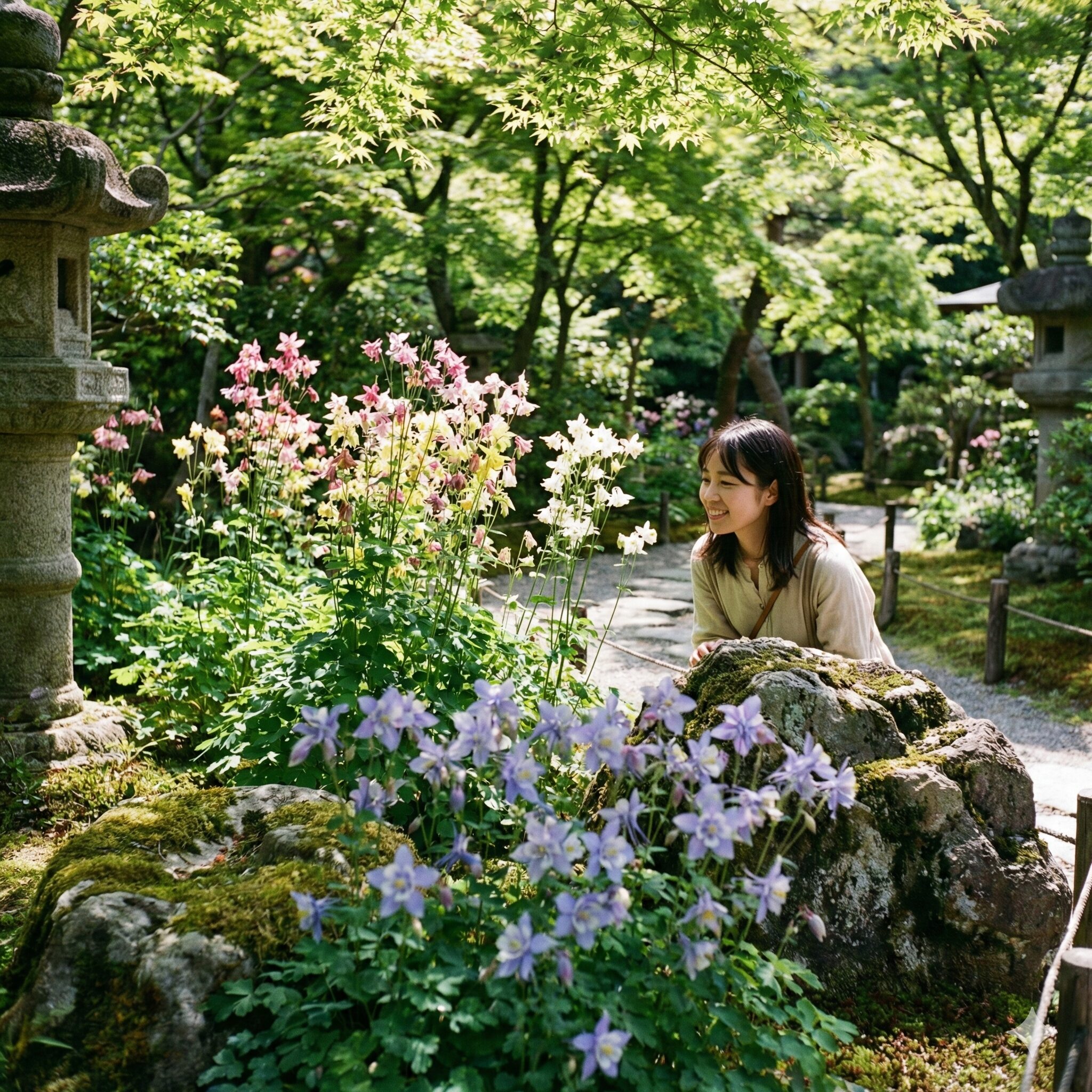 日本 オダマキ 種類1　日本の庭園でミヤマオダマキと西洋オダマキが混植され美しく咲き誇る様子