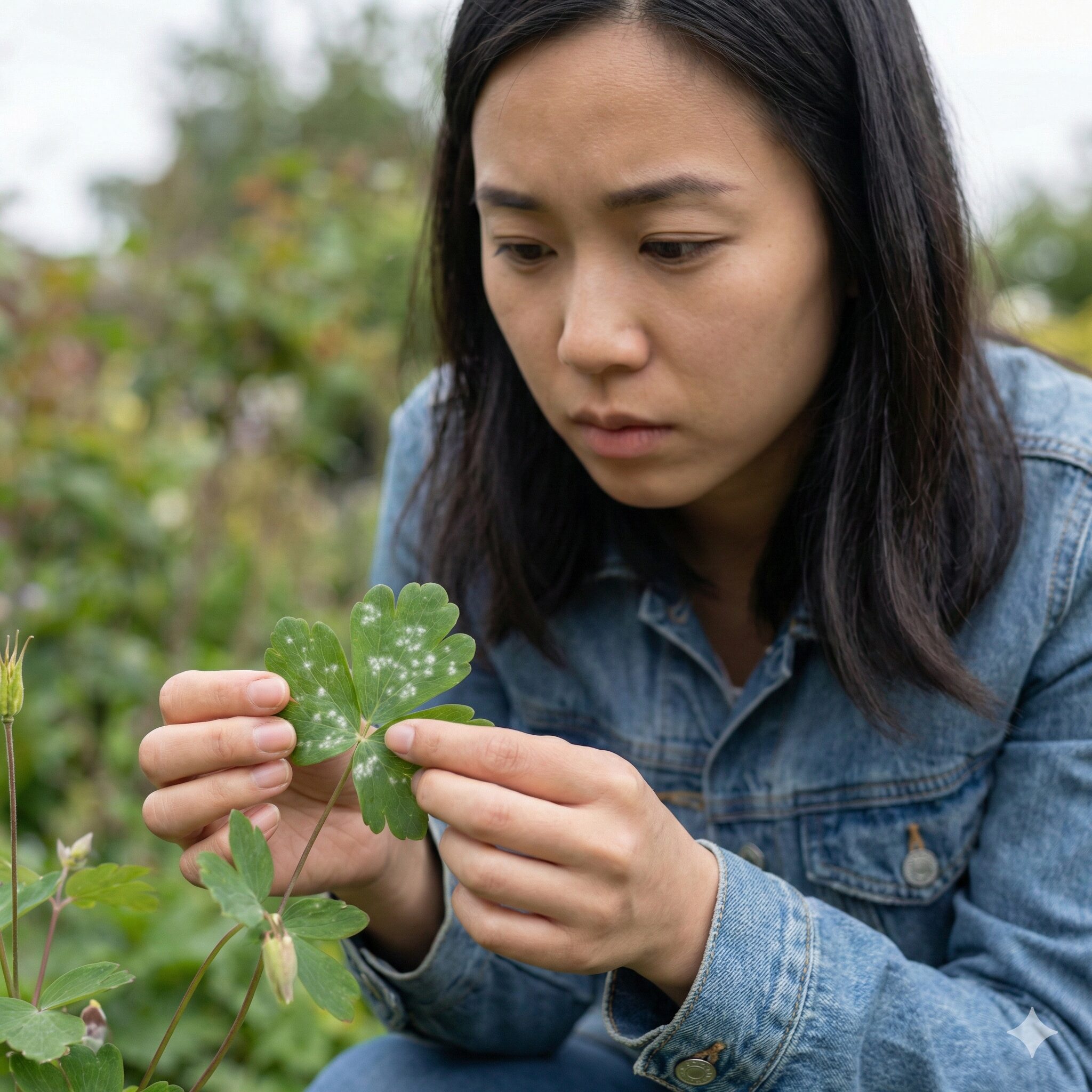 日本 オダマキ 種類10　オダマキの葉に白い粉状のカビが発生したうどんこ病の初期症状
