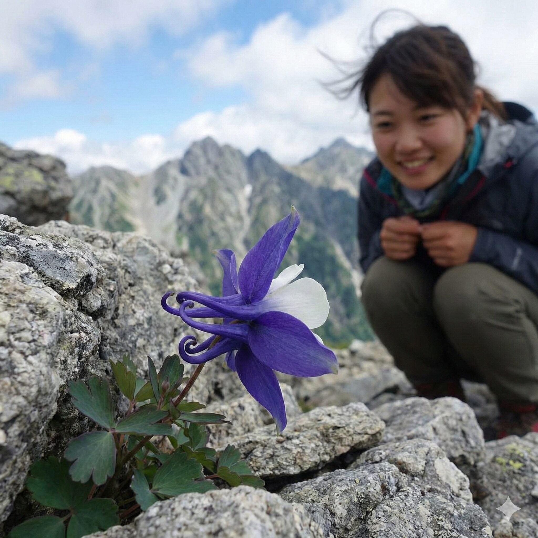 日本 オダマキ 種類2　高山の岩場で青紫と白のコントラストが美しいミヤマオダマキの花