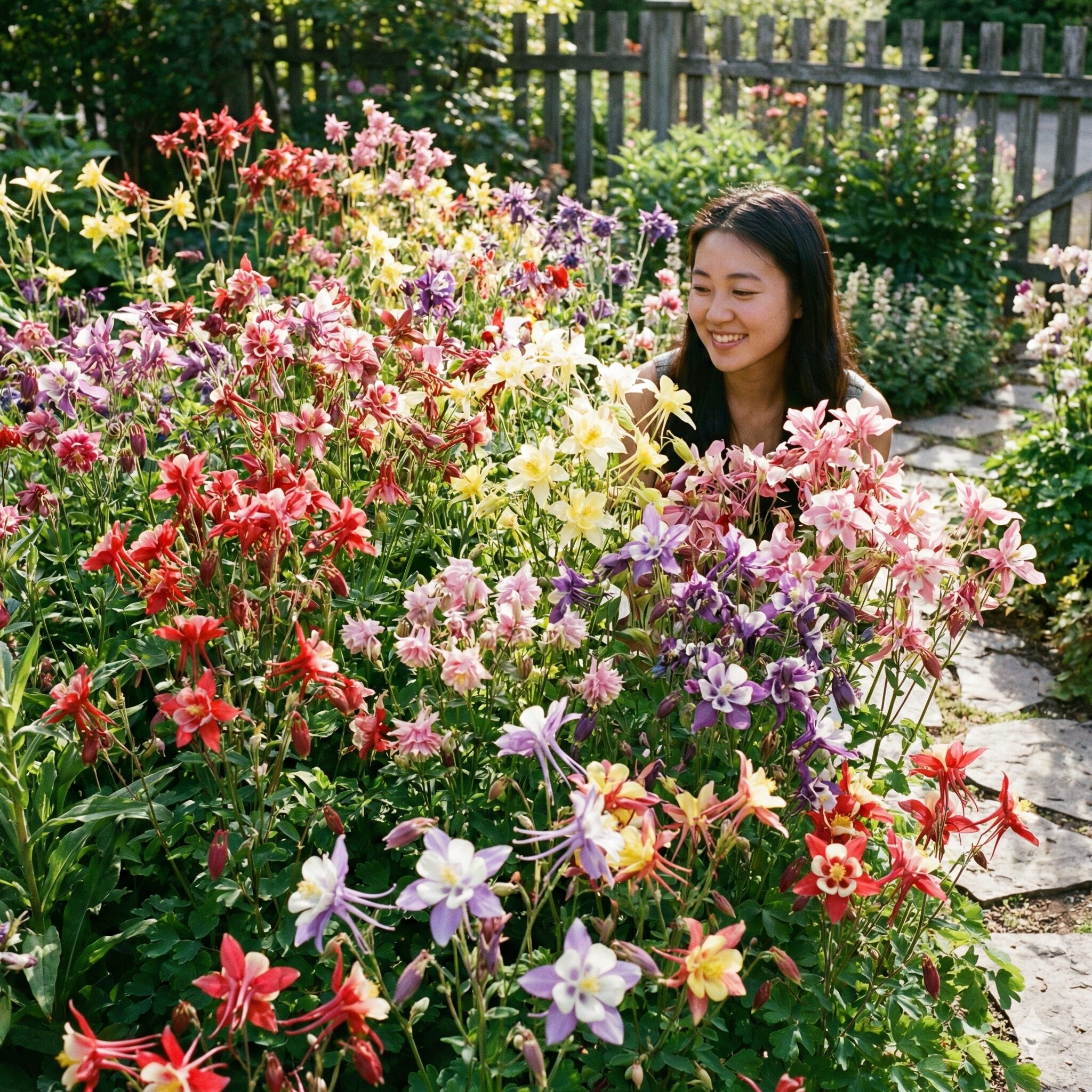 日本 オダマキ 種類4　花壇で多彩な色と形の西洋オダマキが豪華に咲き誇る様子