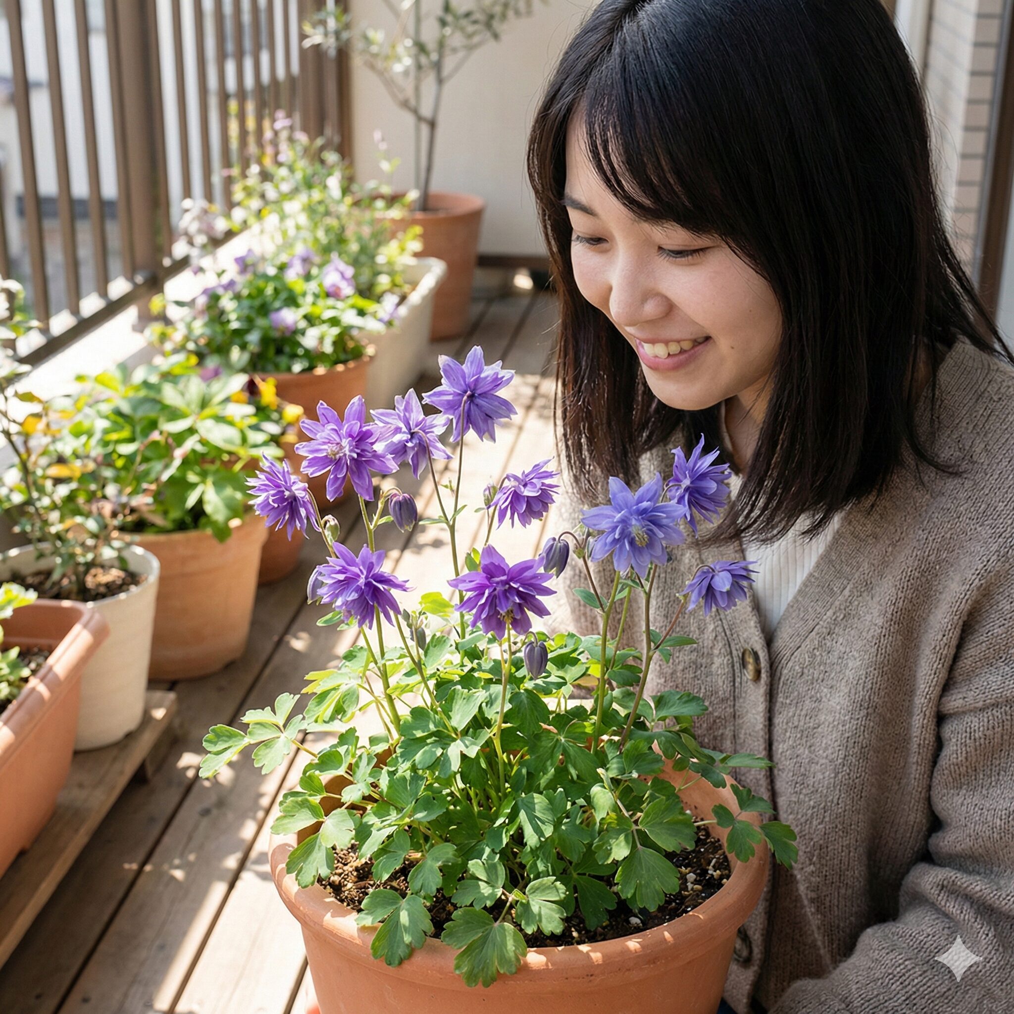 日本 オダマキ 種類6　鉢植えで上を向いて咲くクレメンタインシリーズのオダマキの花