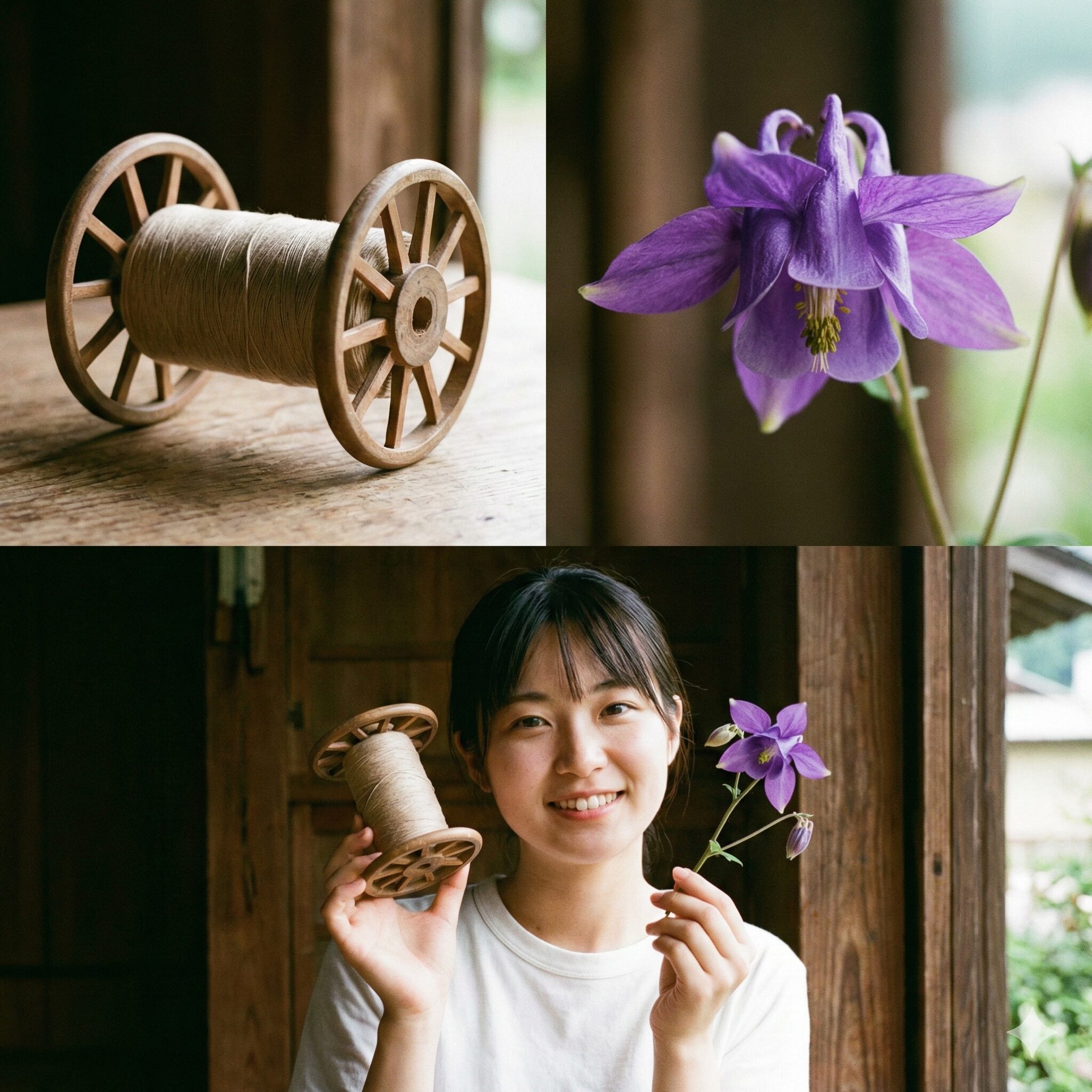 日本 オダマキ 種類7　オダマキの名前の由来となった伝統的な苧環（糸巻き）とオダマキの花