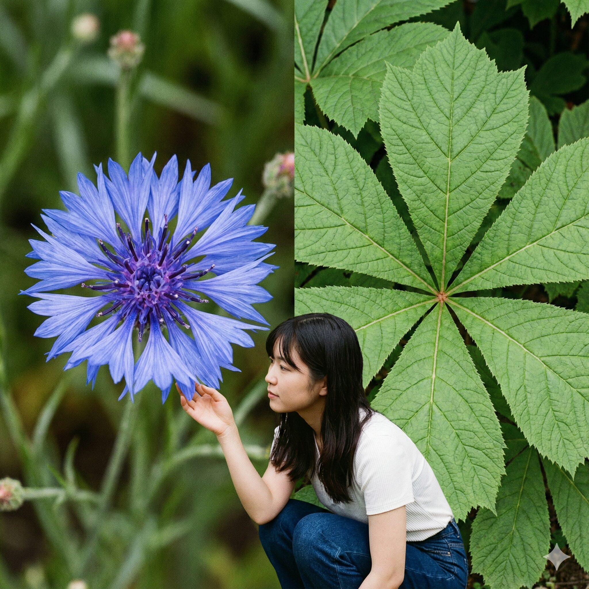 矢車草 矢車菊 違い1　矢車菊の花と矢車草の葉の比較写真。左側の青い花が「花の形」が由来の矢車菊、右側の大きな掌状の葉が「葉の形」が由来の矢車草であり、両者の決定的な違いを示している。