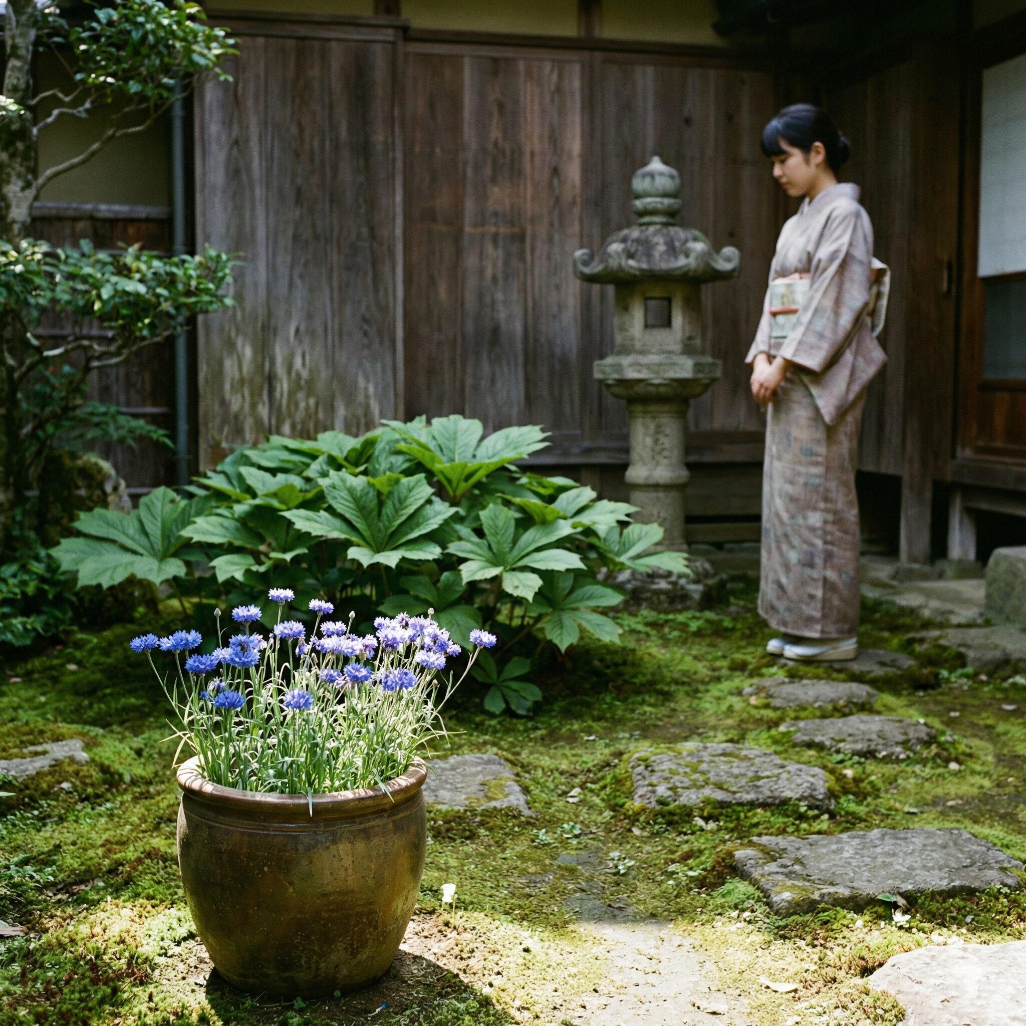 矢車草 矢車菊 違い10　日本の古い民家の庭先で共存する矢車菊（手前の鉢植え）と矢車草（奥の地植え）。明治時代以降、異なる特徴を持つ二つの植物が日本の園芸文化の中で混在してきた歴史的背景を感じさせる写真。
