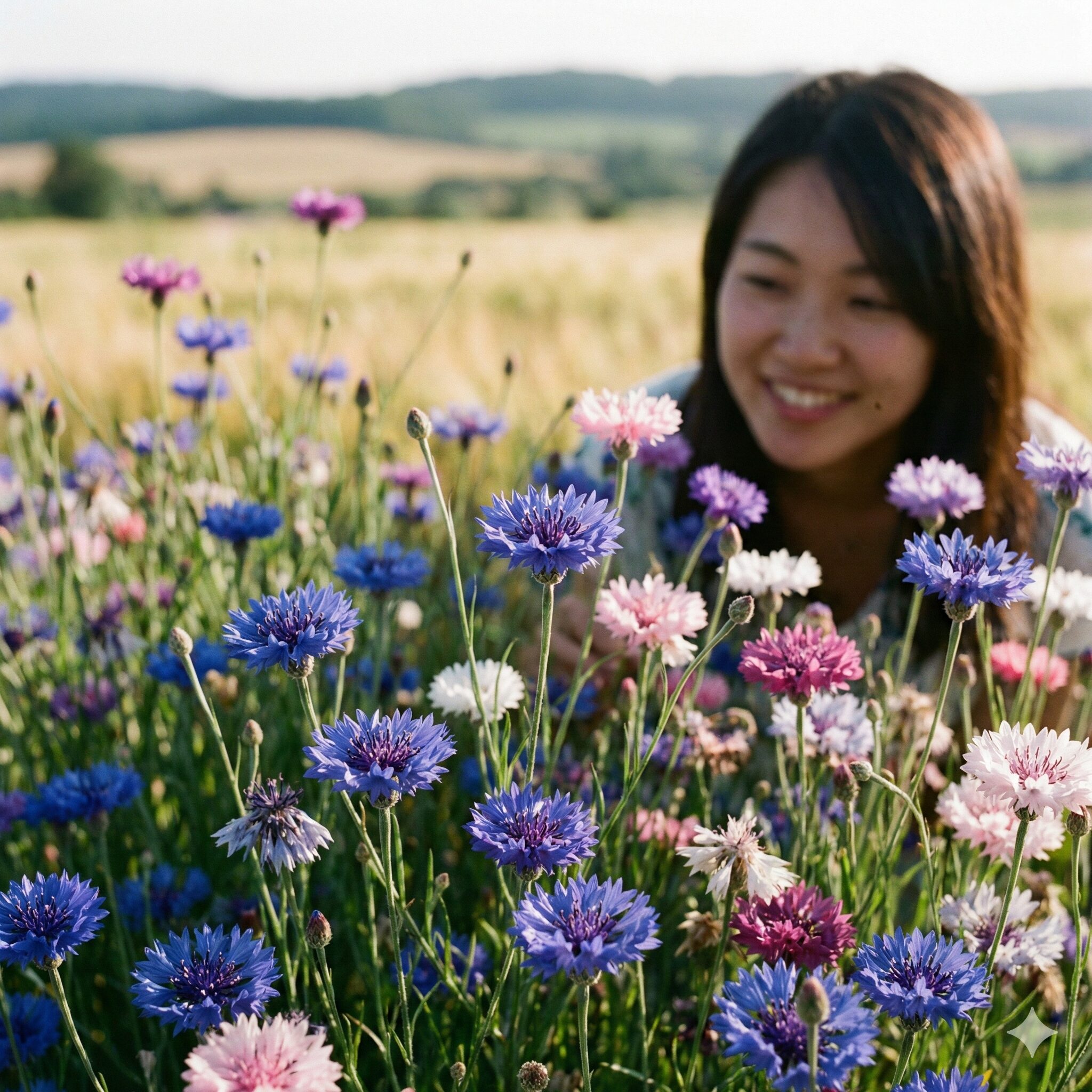 矢車草 矢車菊 違い2　春の日差しの中で咲く多彩な色の矢車菊の花畑。中心の管状花と周囲の矢羽根状の花びらが織りなす、特徴的な幾何学模様の造形美がはっきりと分かるクローズアップ写真。