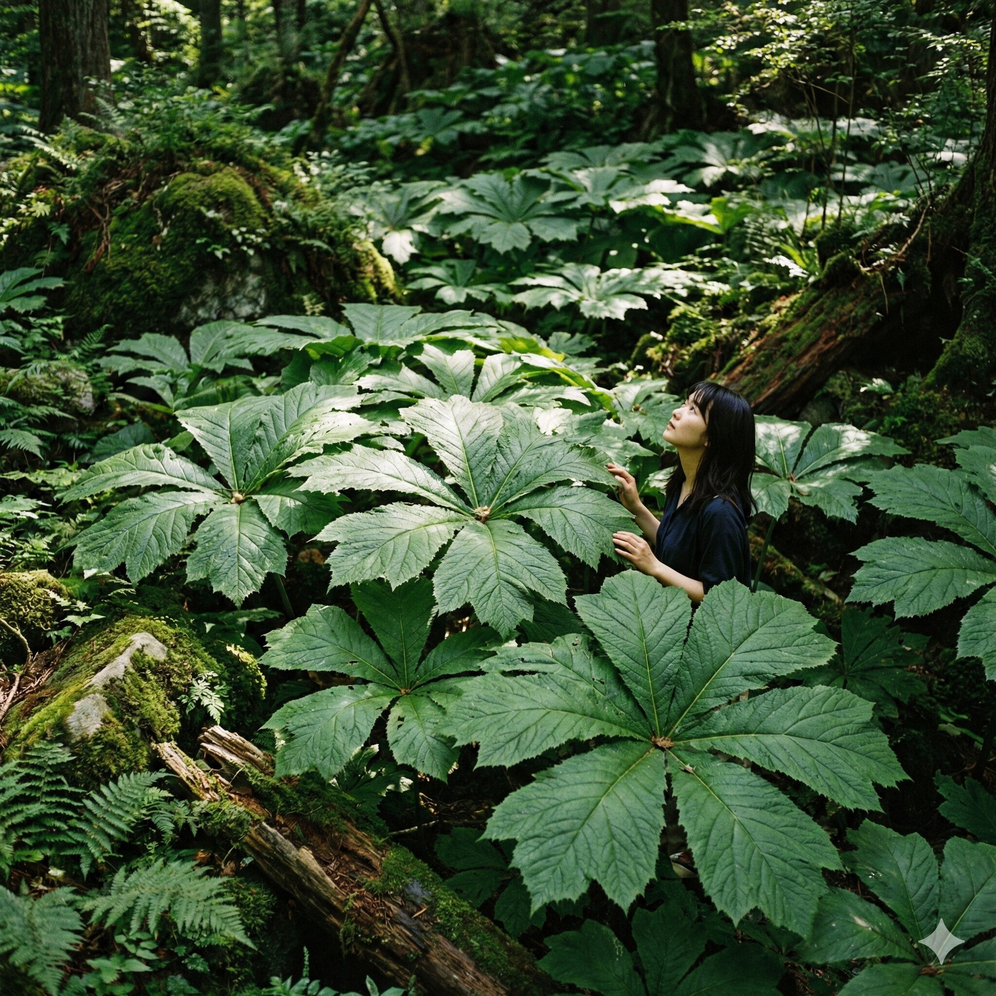 矢車草 矢車菊 違い4　日本の森の中で巨大な掌状複葉を広げる矢車草の群生。5枚の大きな小葉が一点から広がるダイナミックな構造と、湿潤な環境を好む自生植物としての力強い存在感が伝わる写真。