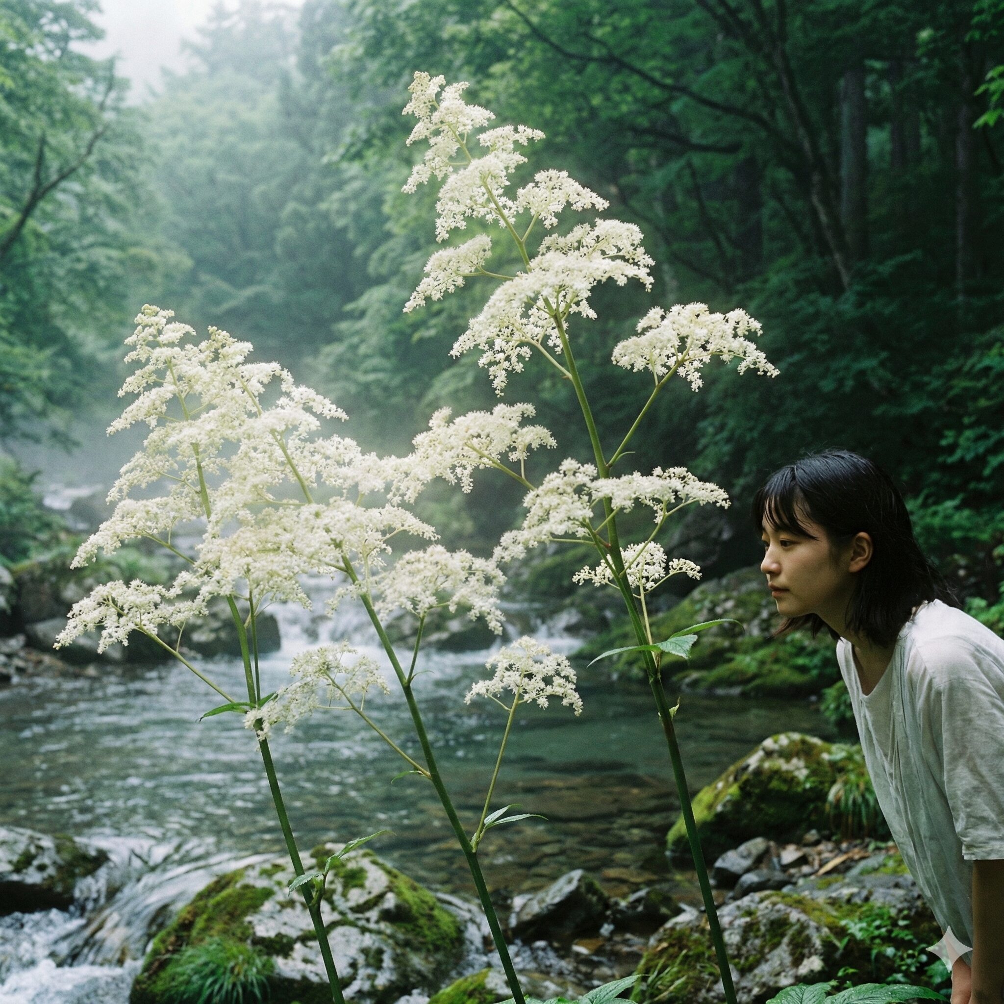 矢車草 矢車菊 違い5　初夏の渓流沿いで白い泡のような繊細な花を咲かせる矢車草。巨大な葉とは対照的な、霧のように煙る花穂が日本の自然な風景に溶け込んでいる様子を捉えた写真。