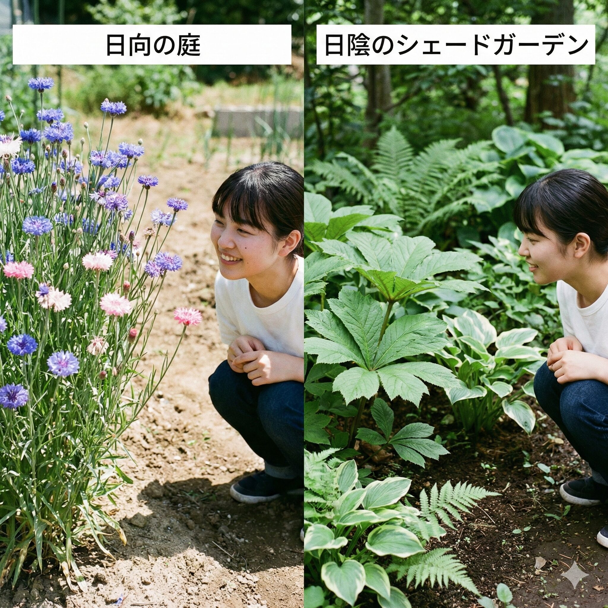 矢車草 矢車菊 違い6　矢車菊が好む日向の乾燥した庭（左）と、矢車草が好む日陰の湿潤なシェードガーデン（右）の比較写真。それぞれの植物に適した栽培環境の違いを視覚的に示したもの。
