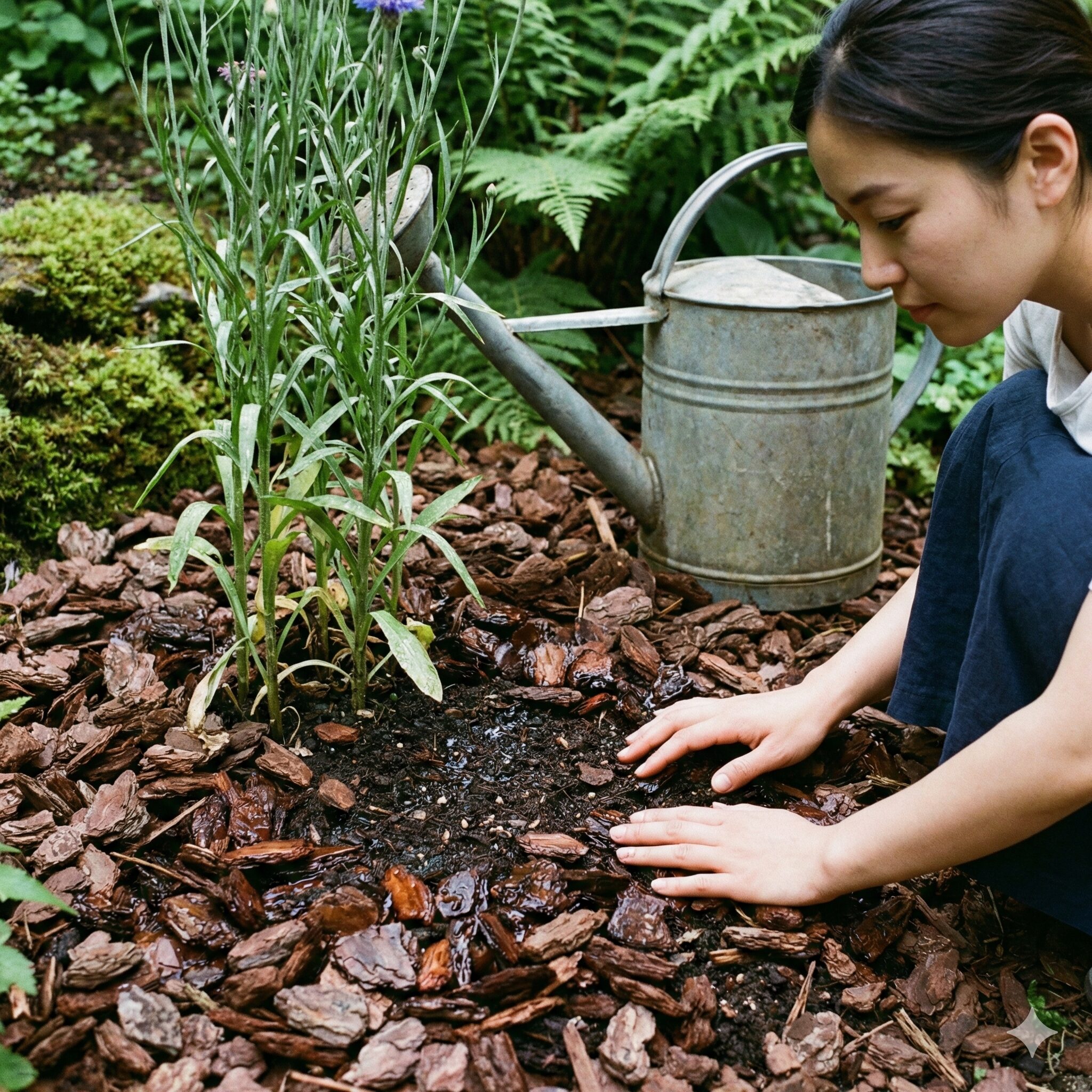 矢車草 矢車菊 違い8　矢車草の株元に施されたバークチップによるマルチングの様子。乾燥に弱い矢車草のために、土壌の保湿と地温上昇を防ぐ対策が重要であることを示す園芸写真。