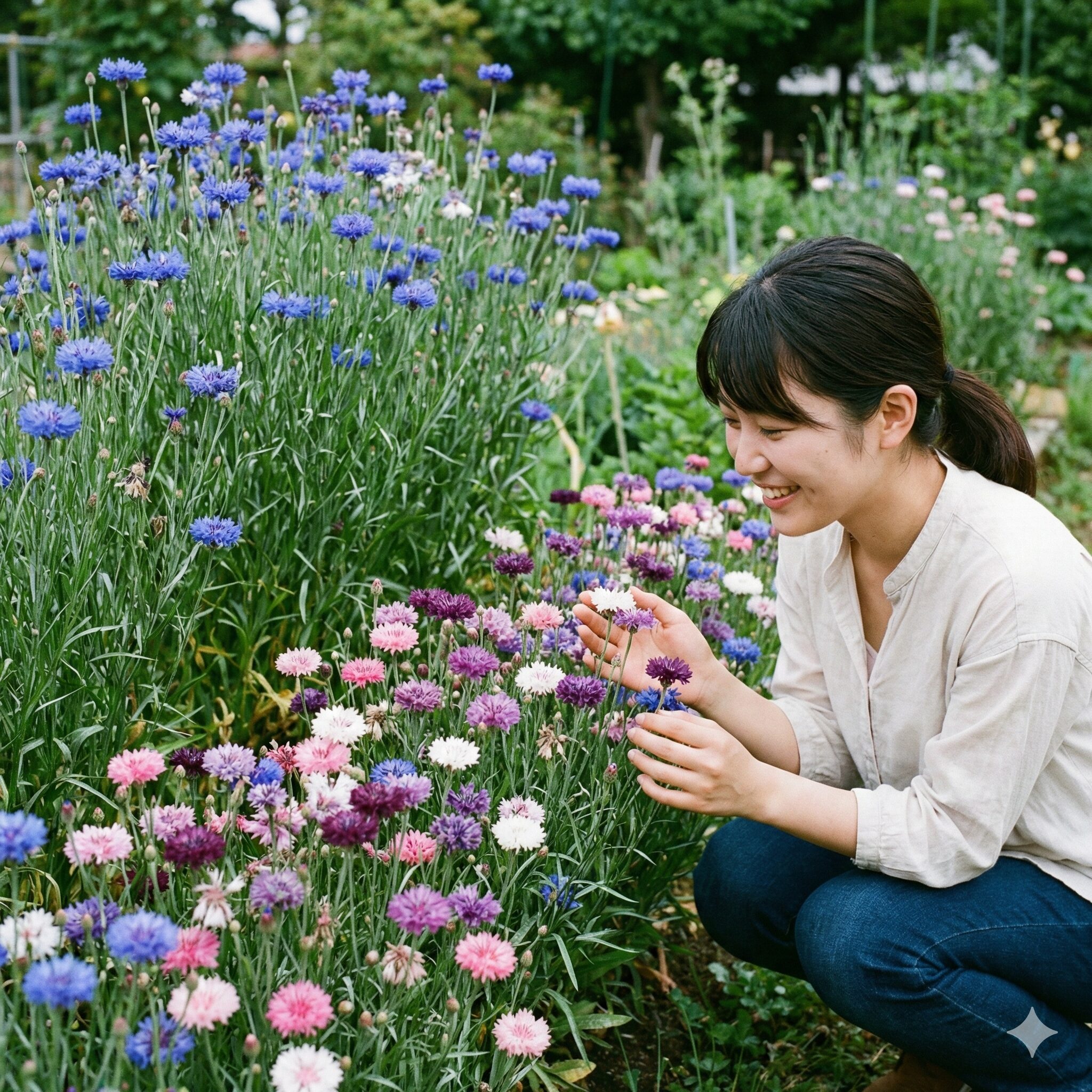 矢車菊 種まき10　花壇で咲き競う背の高い高性種とコンパクトな矮性種の矢車菊