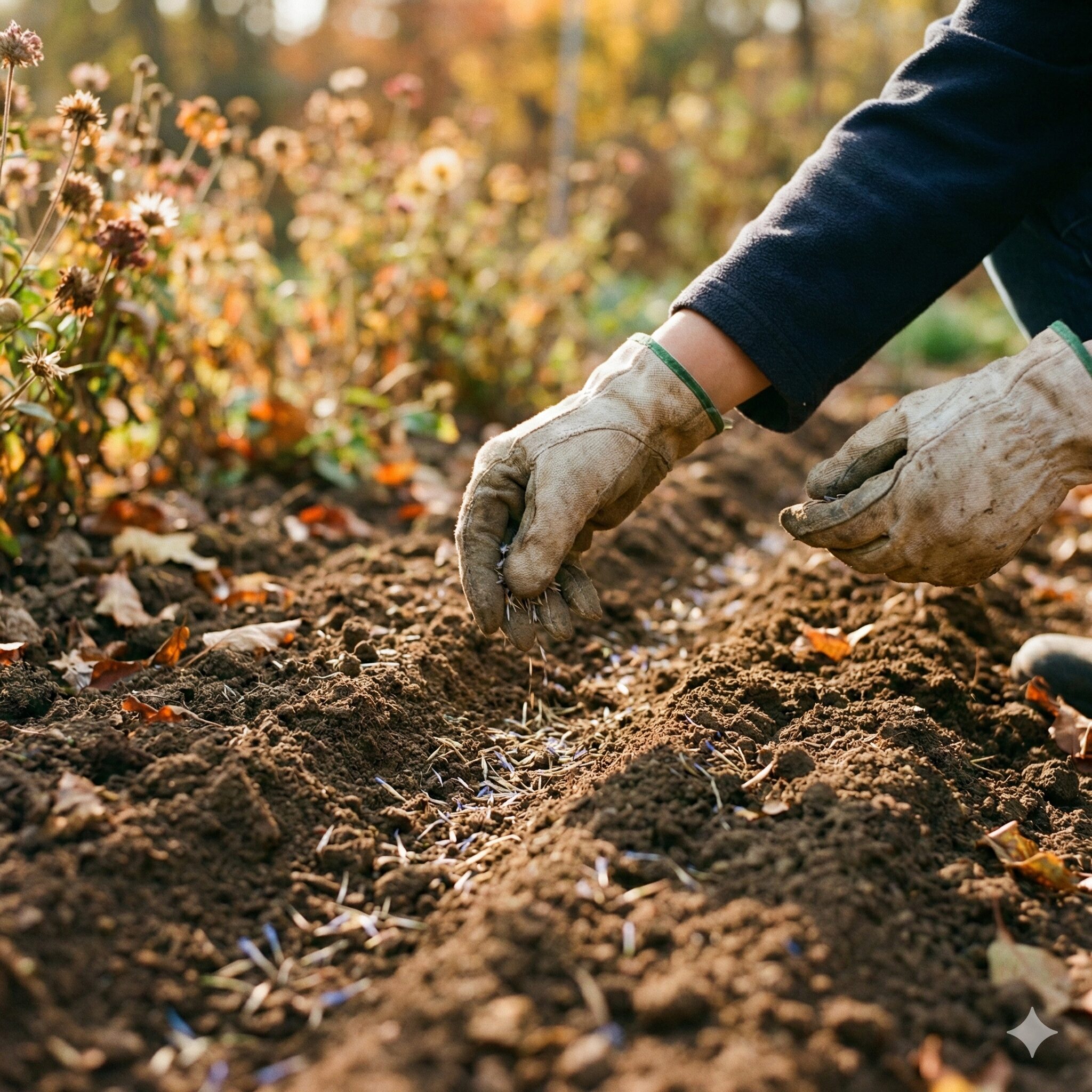 矢車菊 種まき2　秋のガーデニングで花壇に矢車菊の種を直まきしている様子