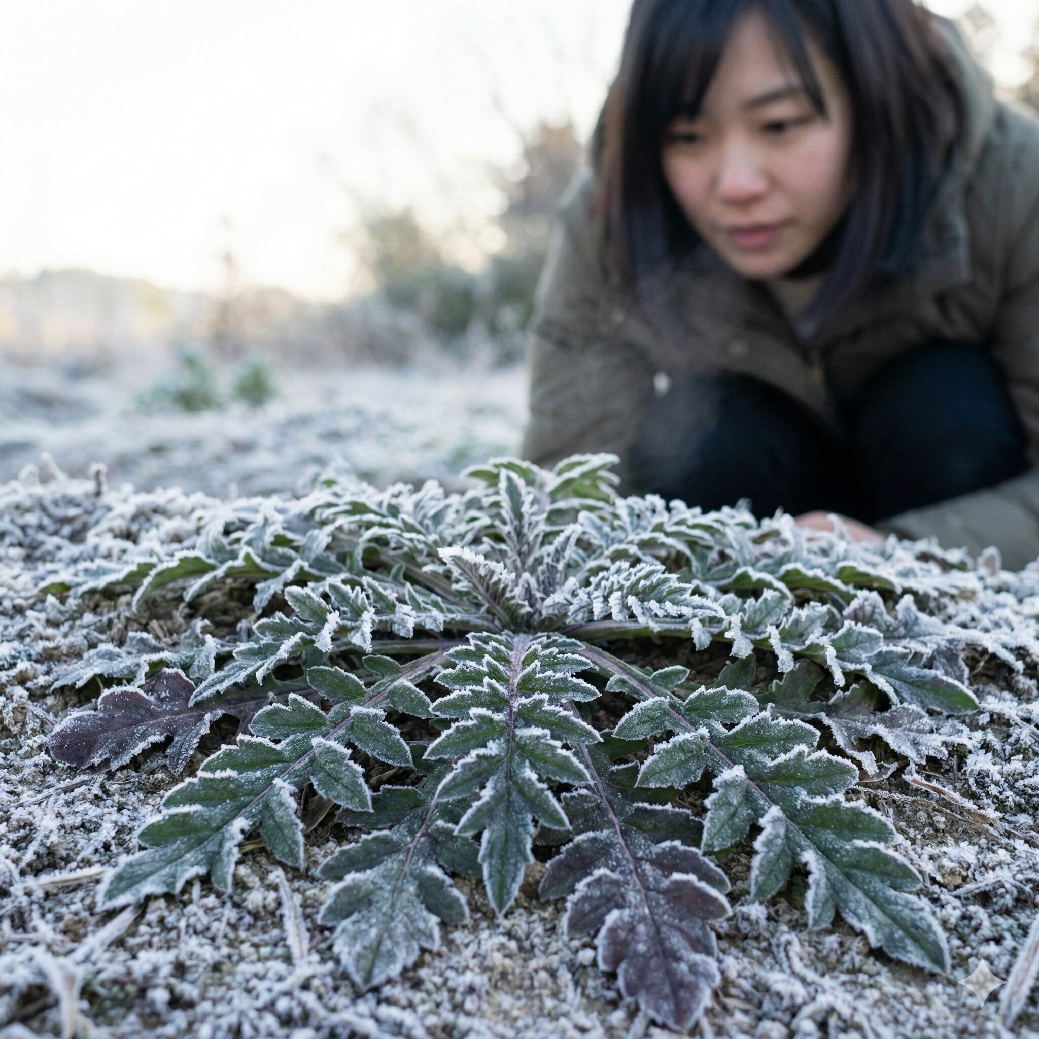 矢車菊 種まき3　冬の寒さに耐えるために地面に葉を広げた矢車菊のロゼット苗