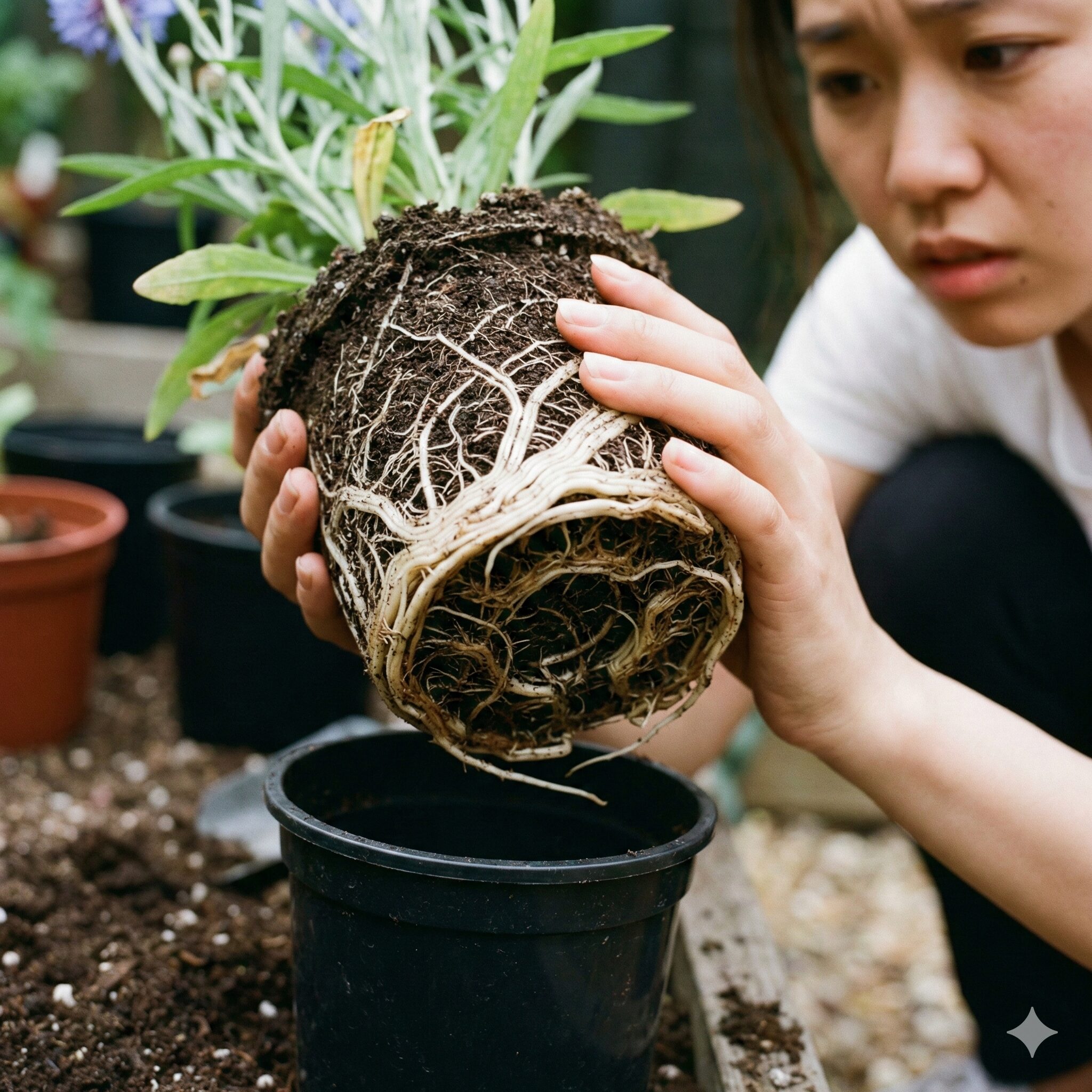 矢車菊 種まき5　ポット育苗で定植遅れにより根がぐるぐる巻きになった矢車菊の根詰まり苗
