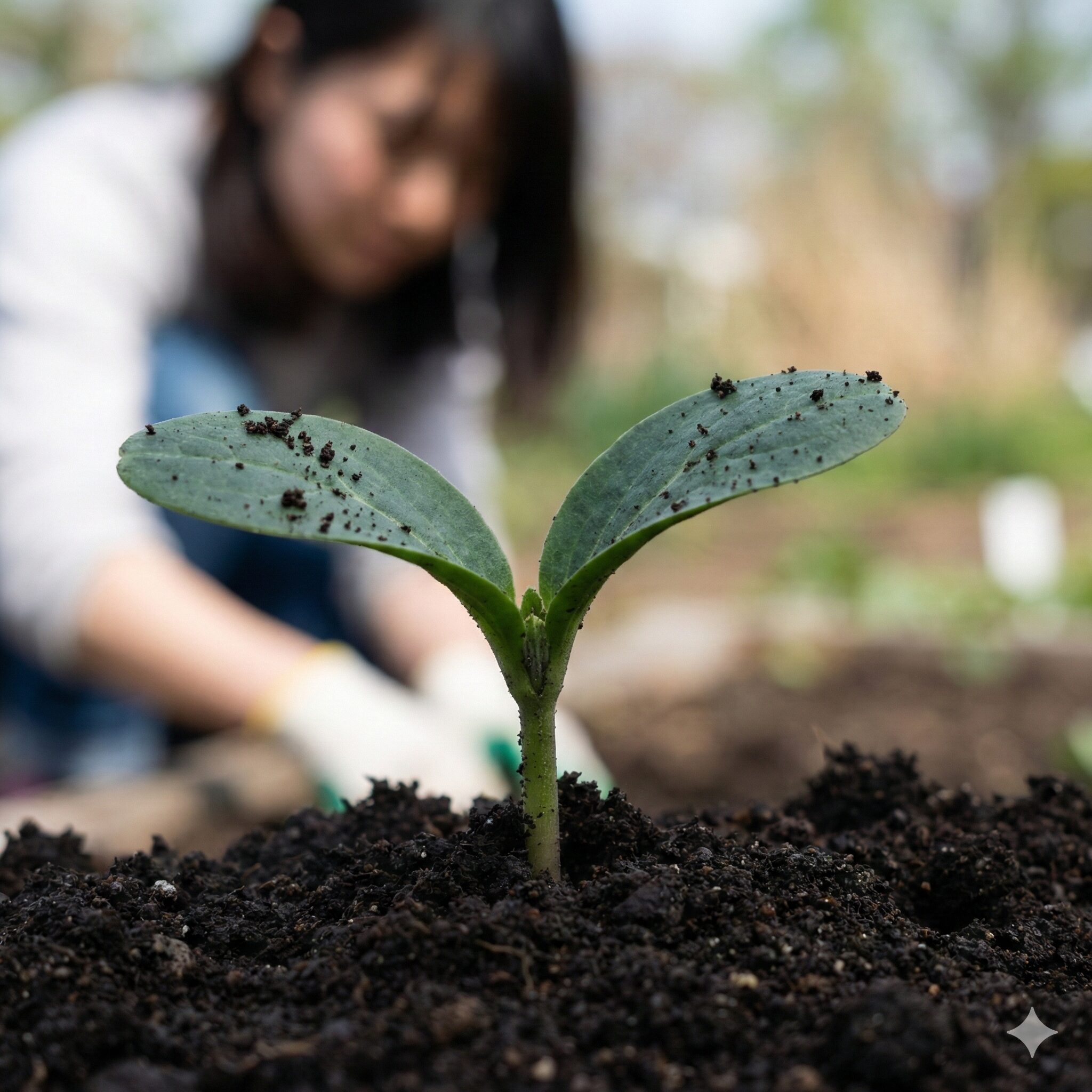 矢車菊 種まき6　土から顔を出したばかりの健康でがっしりとした矢車菊の発芽苗