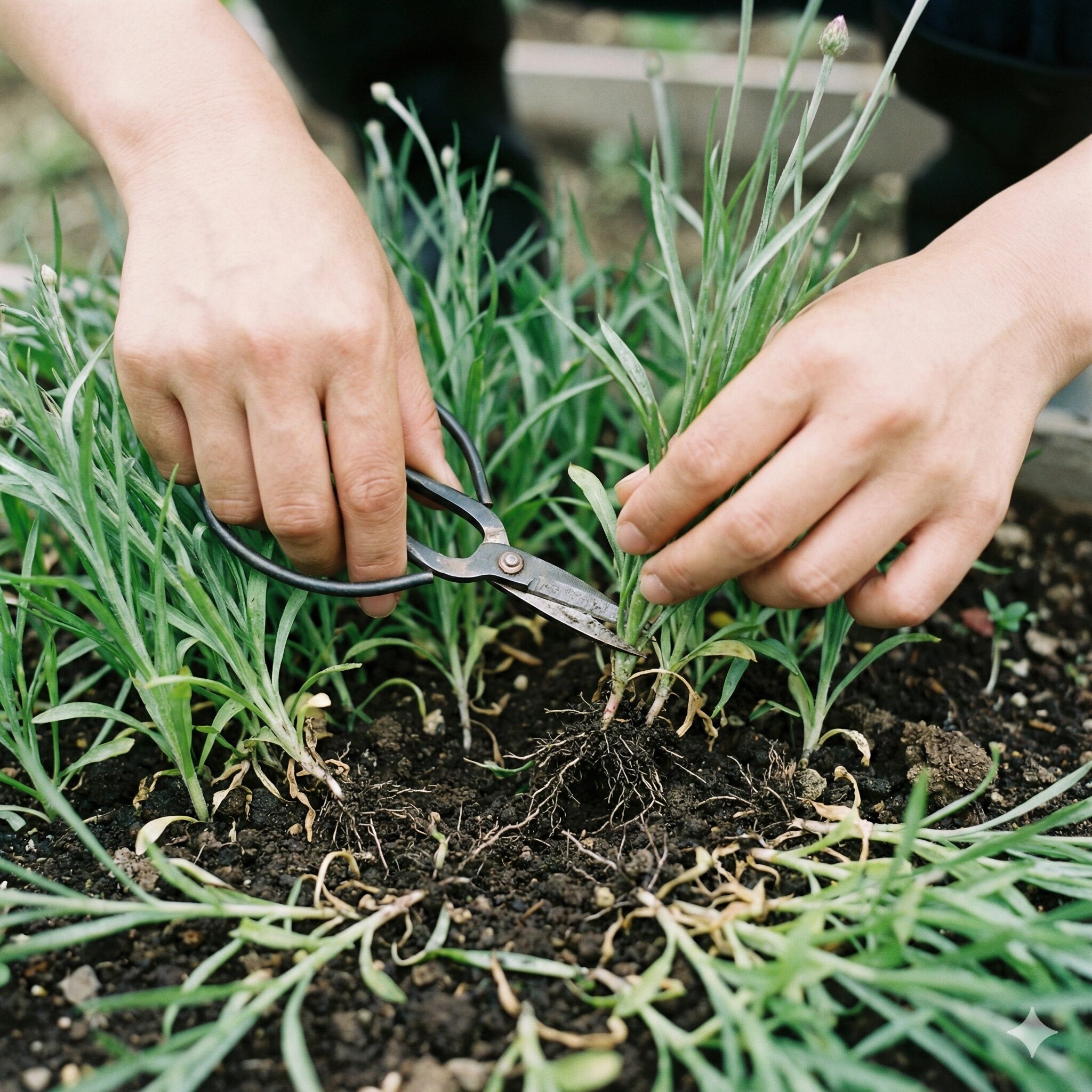 矢車菊 種まき8　矢車菊の間引き作業でハサミを使って地際から苗をカットしている様子