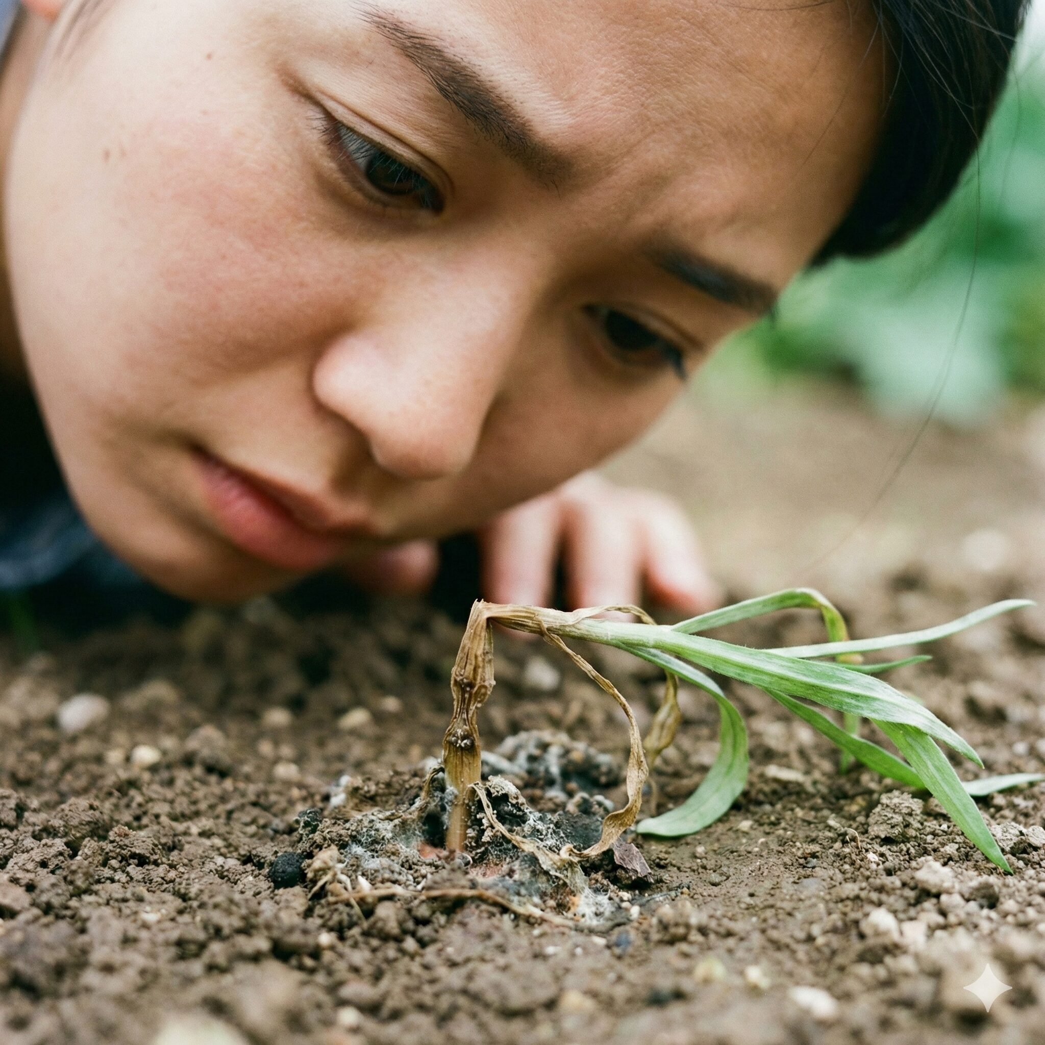 矢車菊 種まき9　地際が腐って倒れてしまった立枯病の矢車菊の幼苗