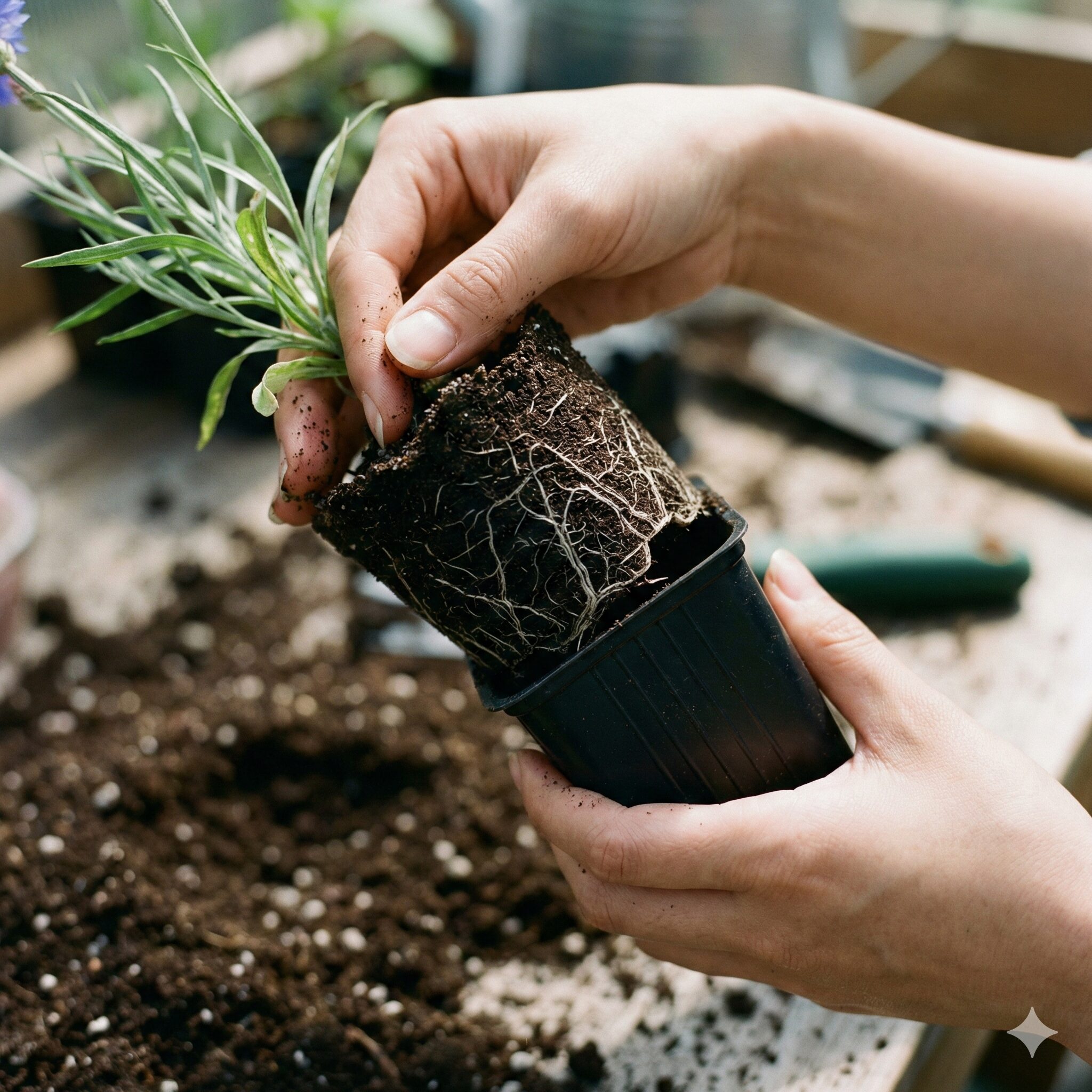 矢車菊 花言葉10　矢車菊の苗をポットから取り出す様子。直根性のため根鉢を崩さないことが植え付けのコツ。
