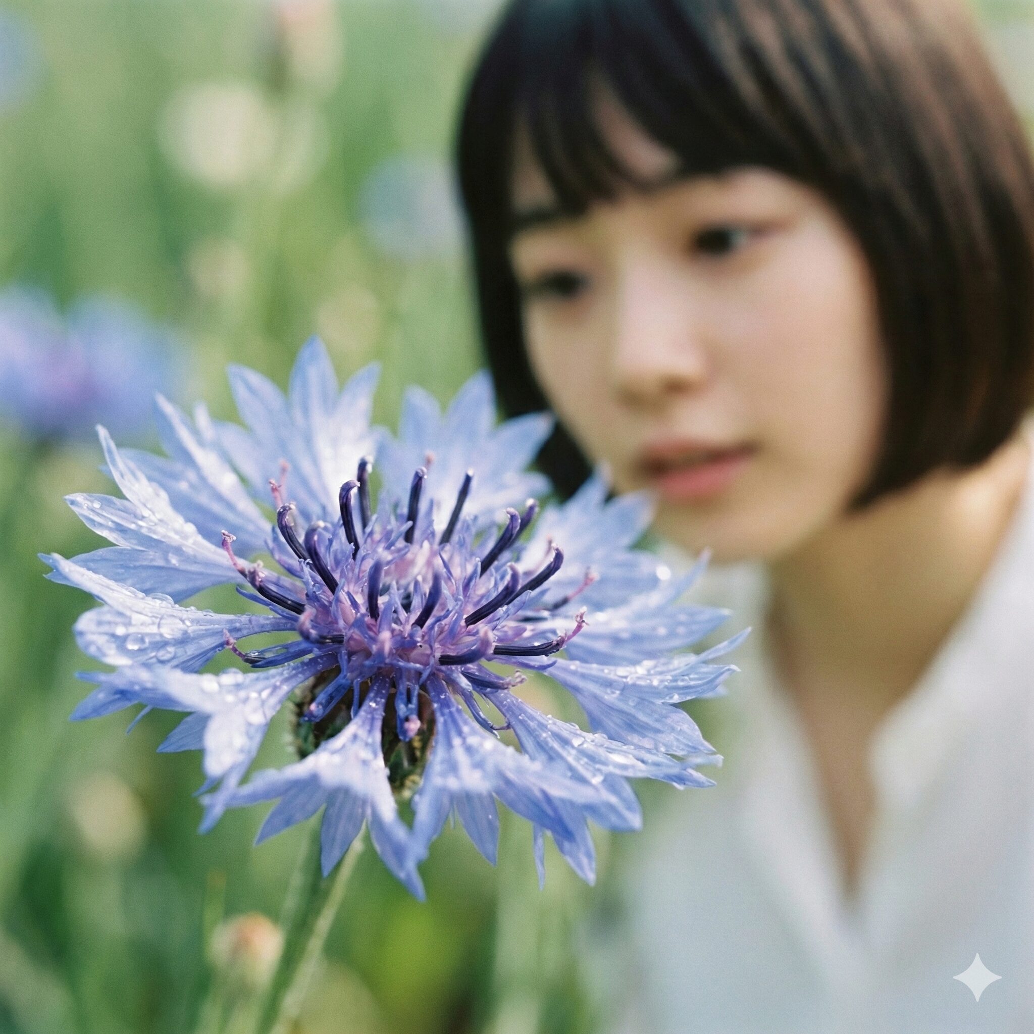 矢車菊 花言葉2　細な構造を持つ青い矢車菊の花のクローズアップ。怖い噂とは対照的な美しさ。