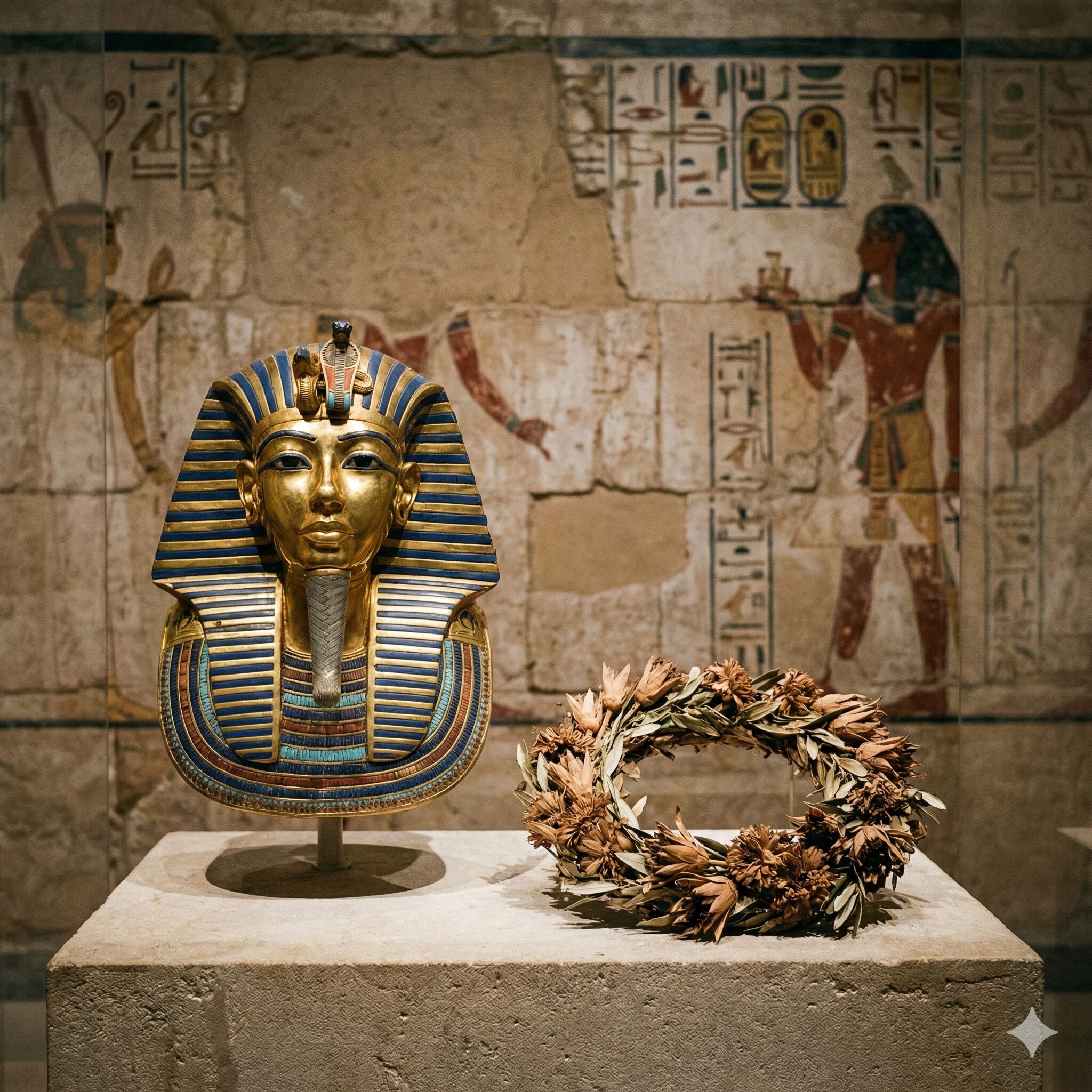 矢車菊 花言葉3　ツタンカーメンの黄金のマスクと、墓から発見された乾燥した矢車菊の花輪のイメージ。