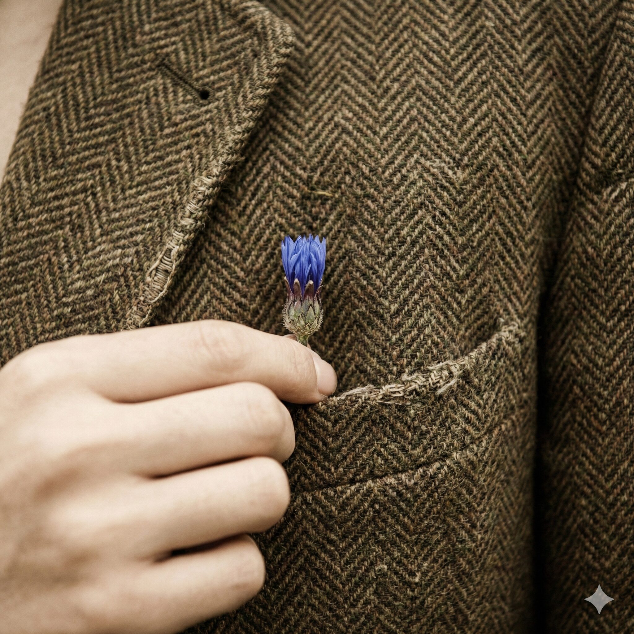 矢車菊 花言葉4　ツイードジャケットのボタンホールに挿された、恋占いに使われる矢車菊の蕾。
