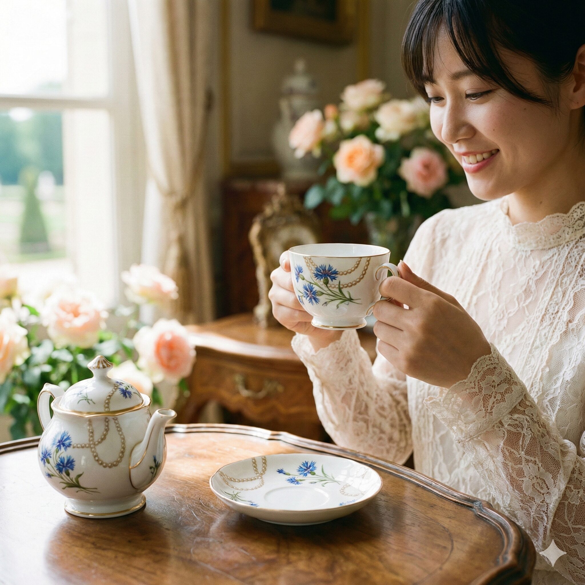 矢車菊 花言葉5　マリー・アントワネットが愛した、青い矢車菊と真珠の模様が描かれたセーヴル磁器のティーセット。