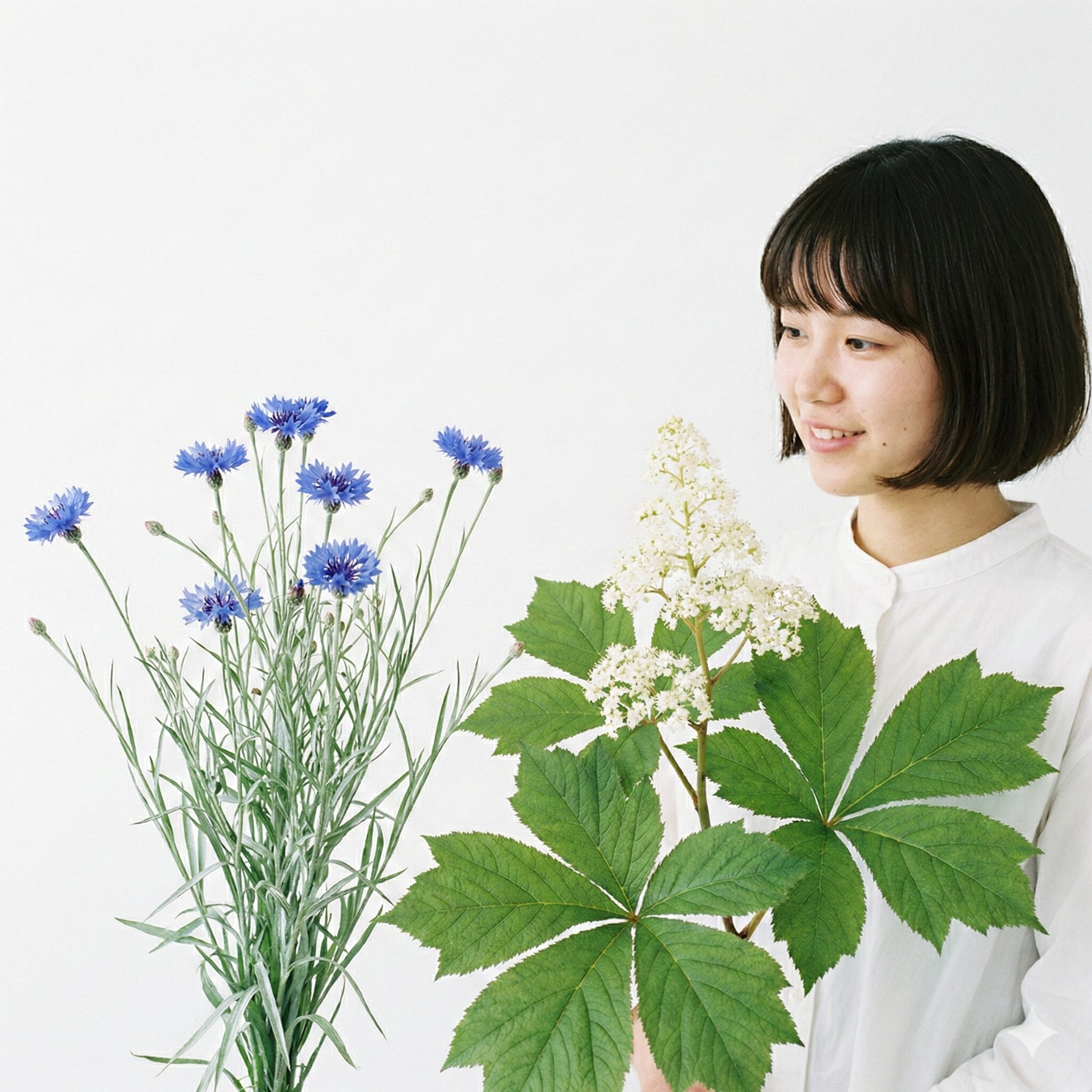 矢車菊 花言葉6　キク科の矢車菊（左）とユキノシタ科の矢車草（右）の葉と花の違いを比較した写真。
