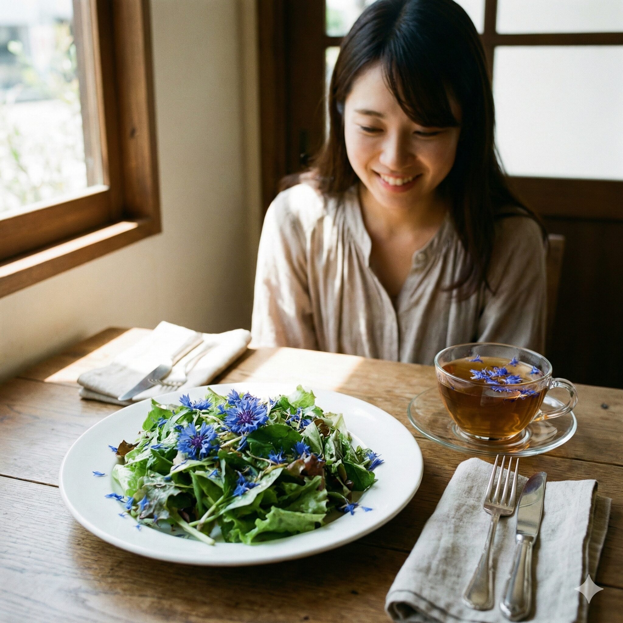 矢車菊 花言葉9　サラダや紅茶の彩りに使用されたエディブルフラワーとしての青い矢車菊の花びら。