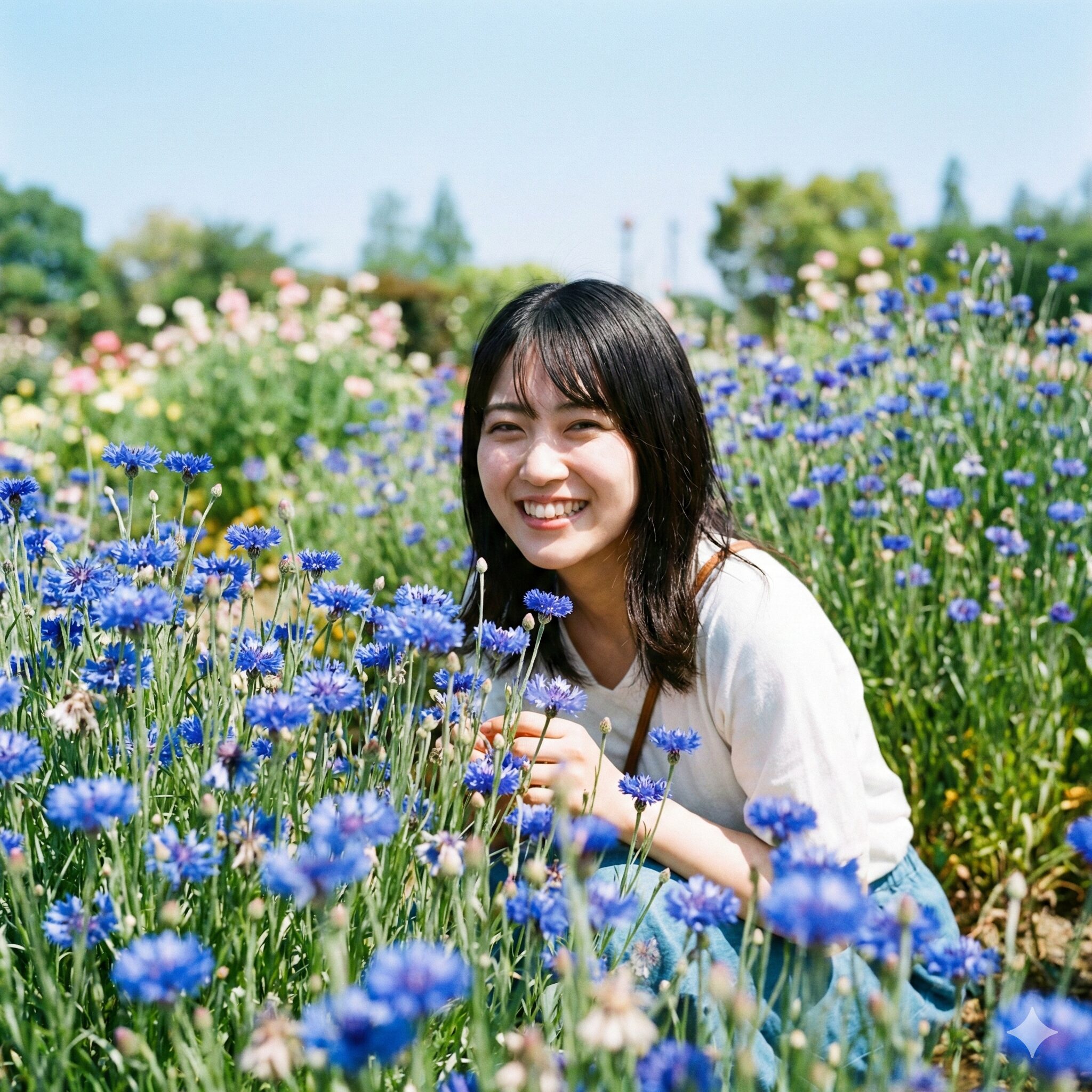 矢車菊 開花時期1　庭で満開に咲き誇る鮮やかな青色の矢車菊（ヤグルマギク）
