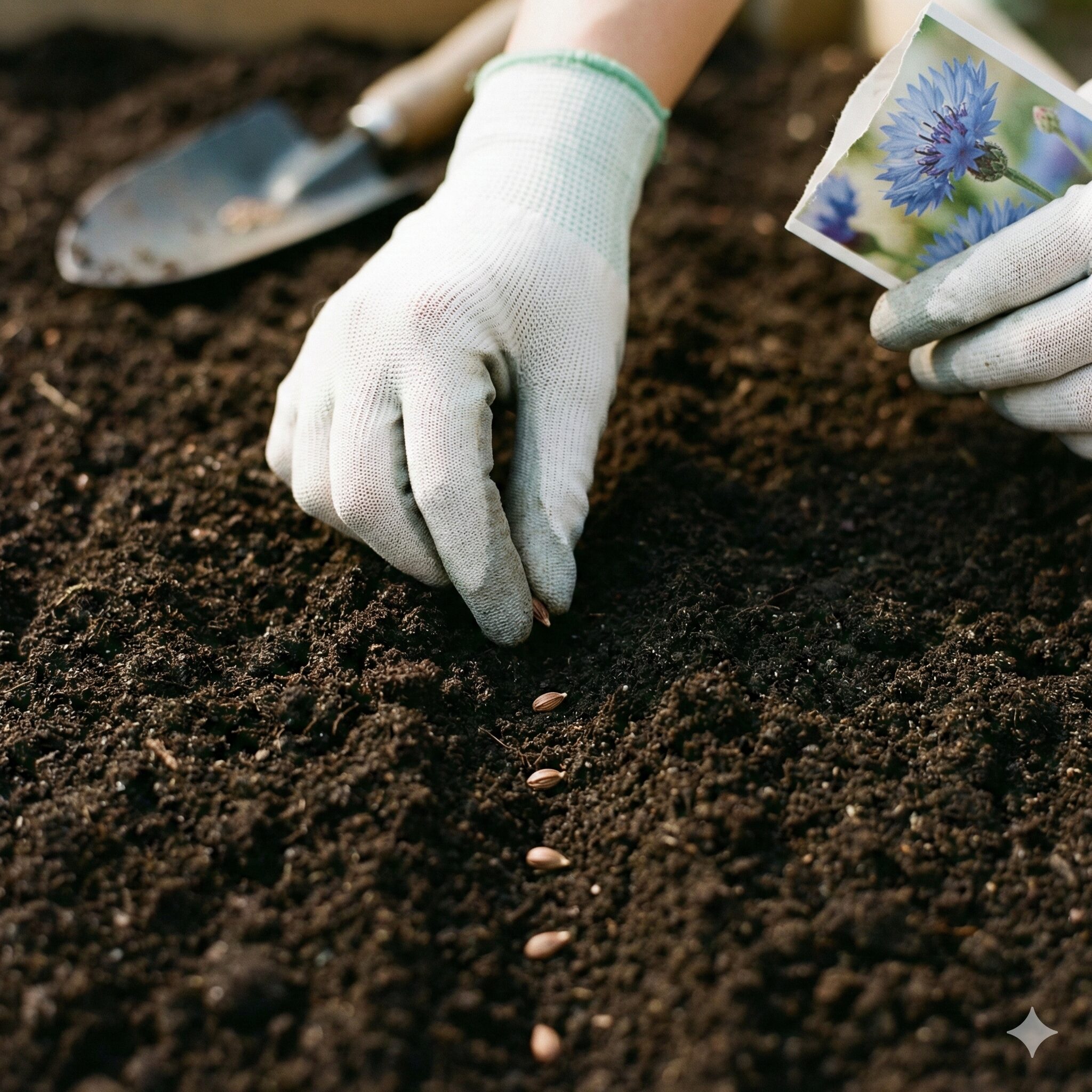 矢車菊 開花時期2　矢車菊の種を土に丁寧にまくガーデナーの手元