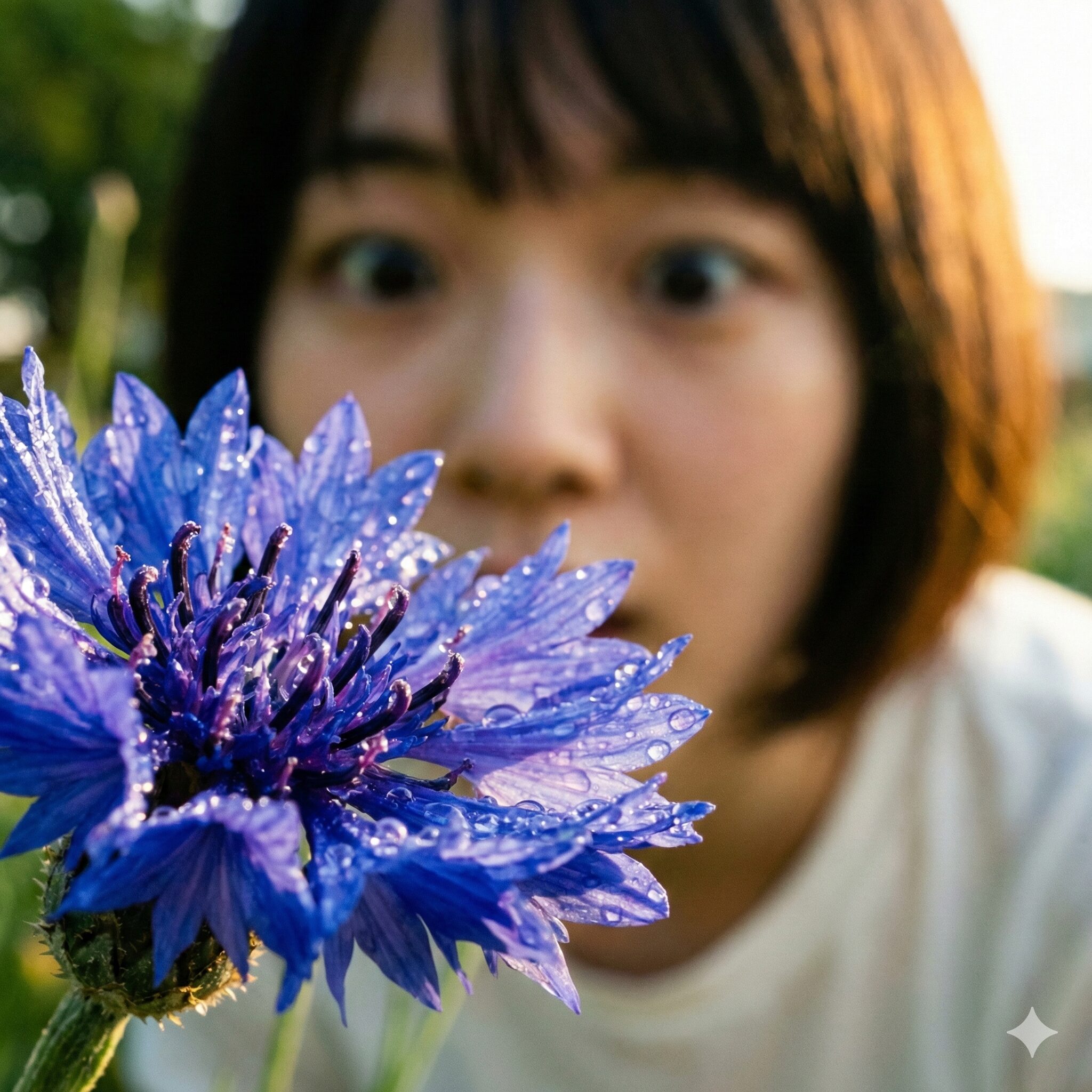 矢車菊 開花時期3　朝露に濡れて輝く矢車菊の繊細な花びらのクローズアップ