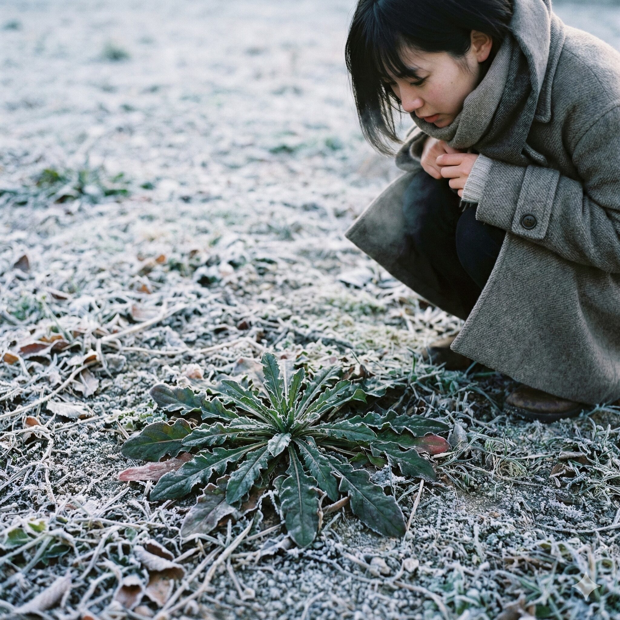 矢車菊 開花時期4　冬の寒さに耐えて地面に張り付く矢車菊のロゼット状の苗