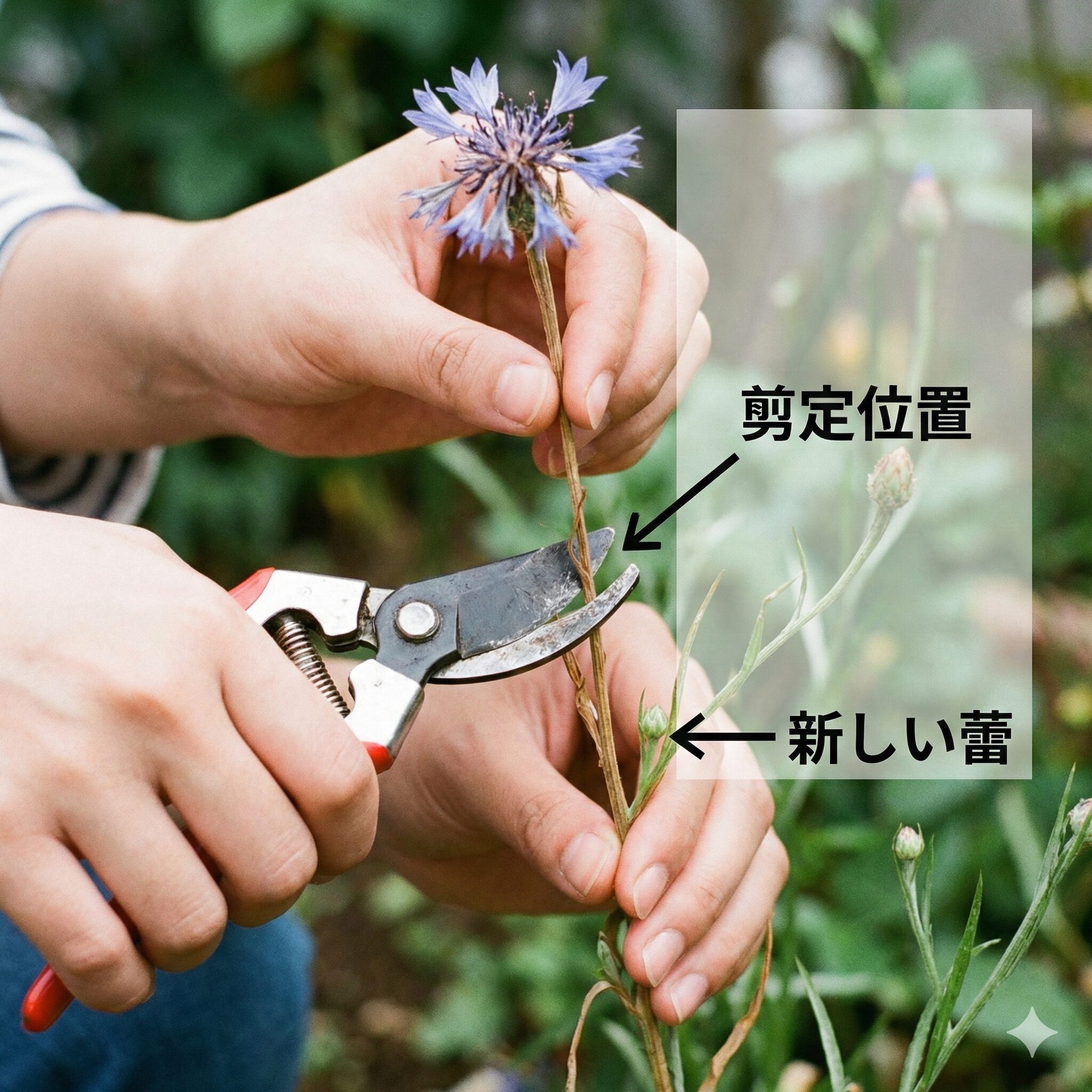 矢車菊 開花時期8　開花期間を延ばすために矢車菊の花がらを摘む剪定作業