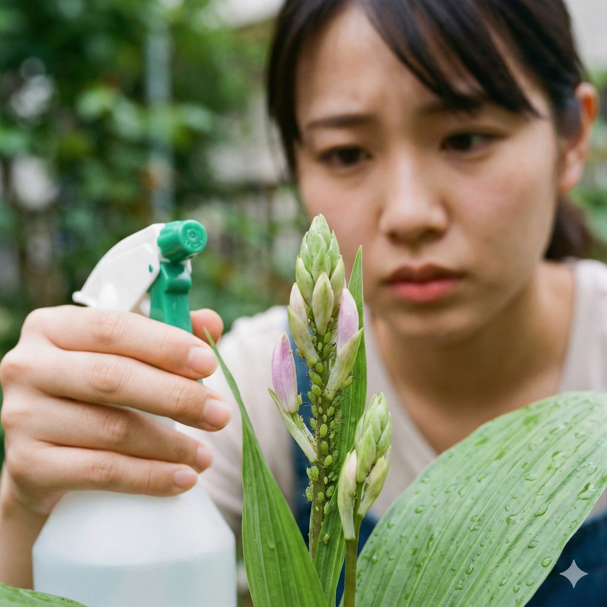 紫蘭 増えすぎ10　紫蘭（シラン）の新芽に発生したアブラムシと害虫対策の様子