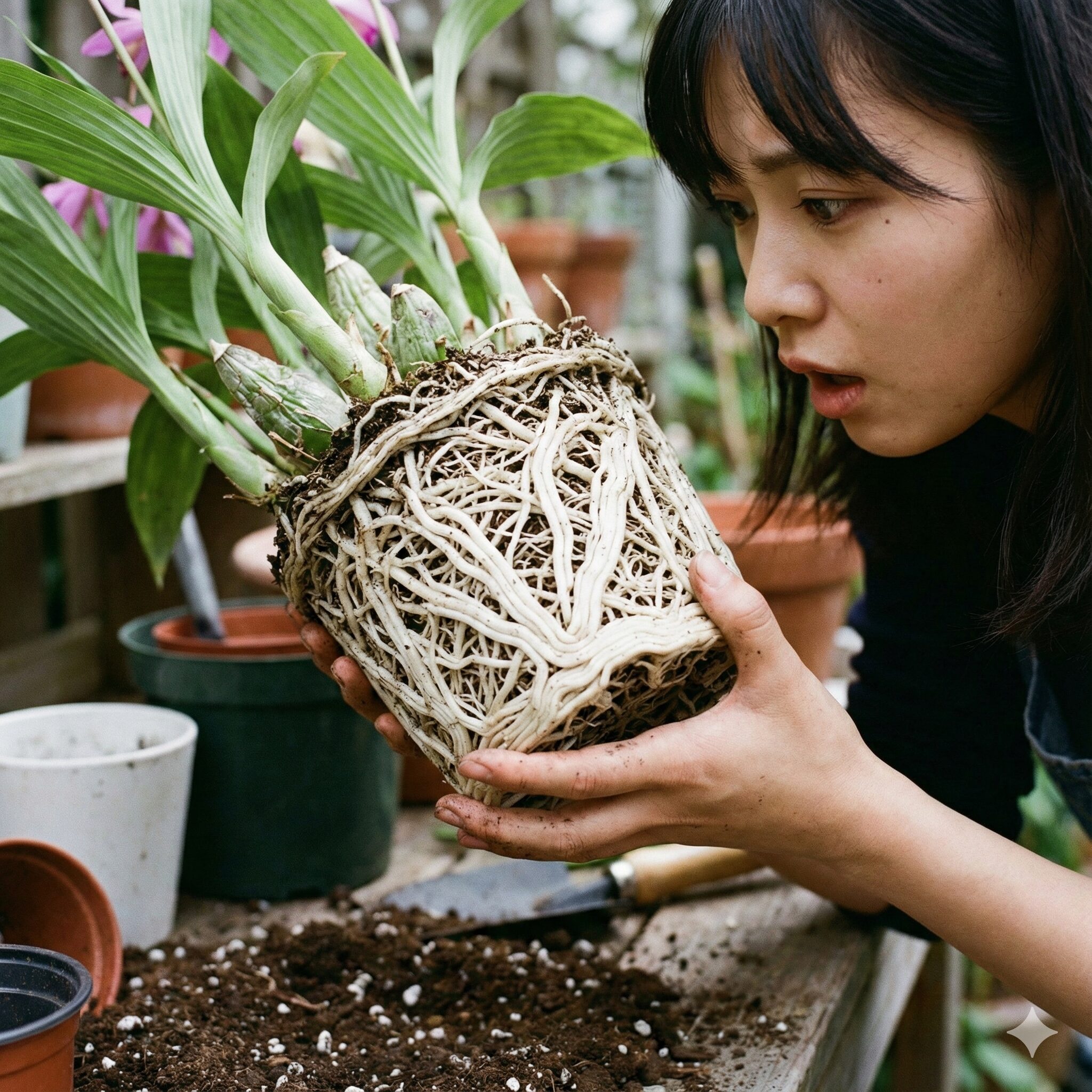 紫蘭 増えすぎ3　鉢植えで根詰まりを起こし、根がびっしりと回った紫蘭（シラン）の状態